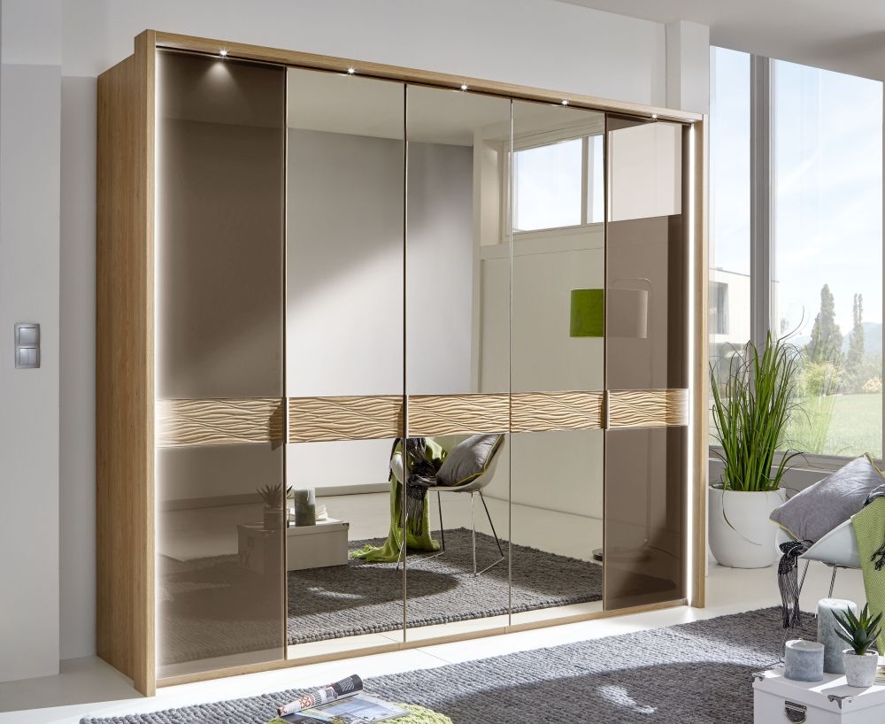 Wiemann Wega 5 Door Mirror Wardrobe In Oak And Havana Glass W 250cm