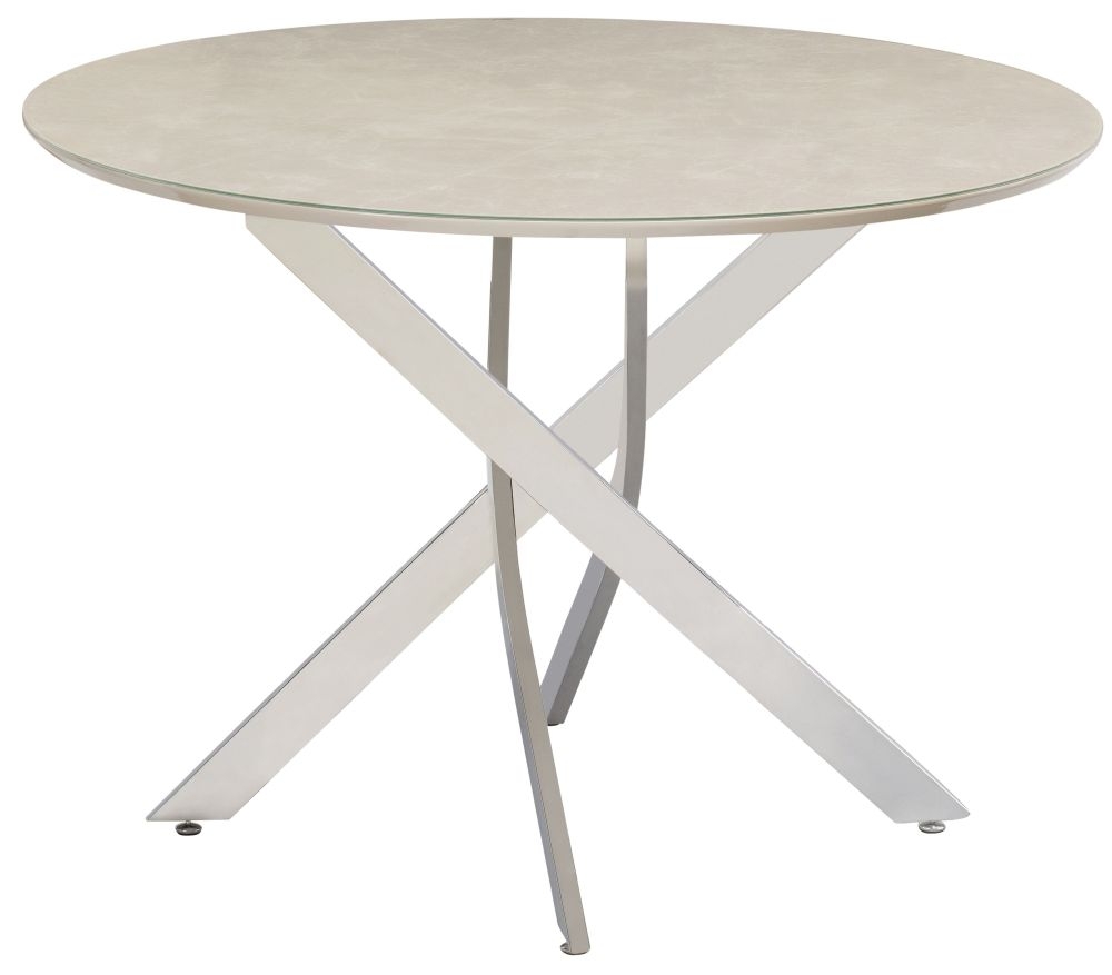 Capri 107cm Round Dining Table Natural Marble Effect Glass Top And Chrome Base