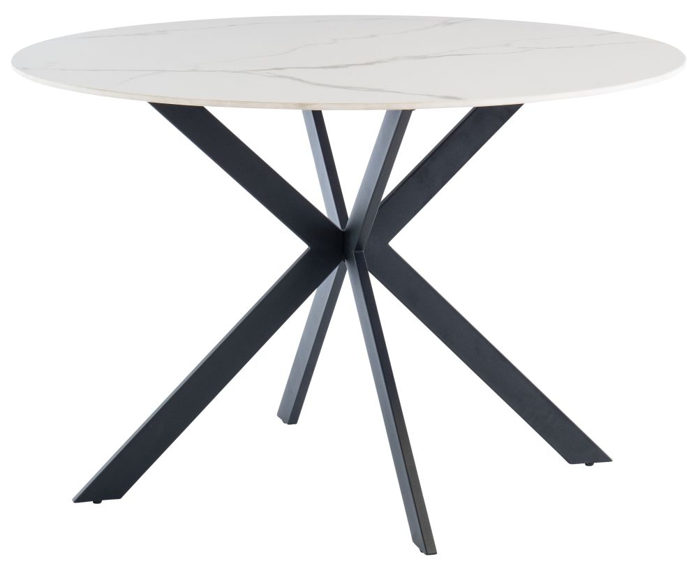 Talia 120cm Round Dining Table White Sintered Stone Top With Black Powder Coated Legs