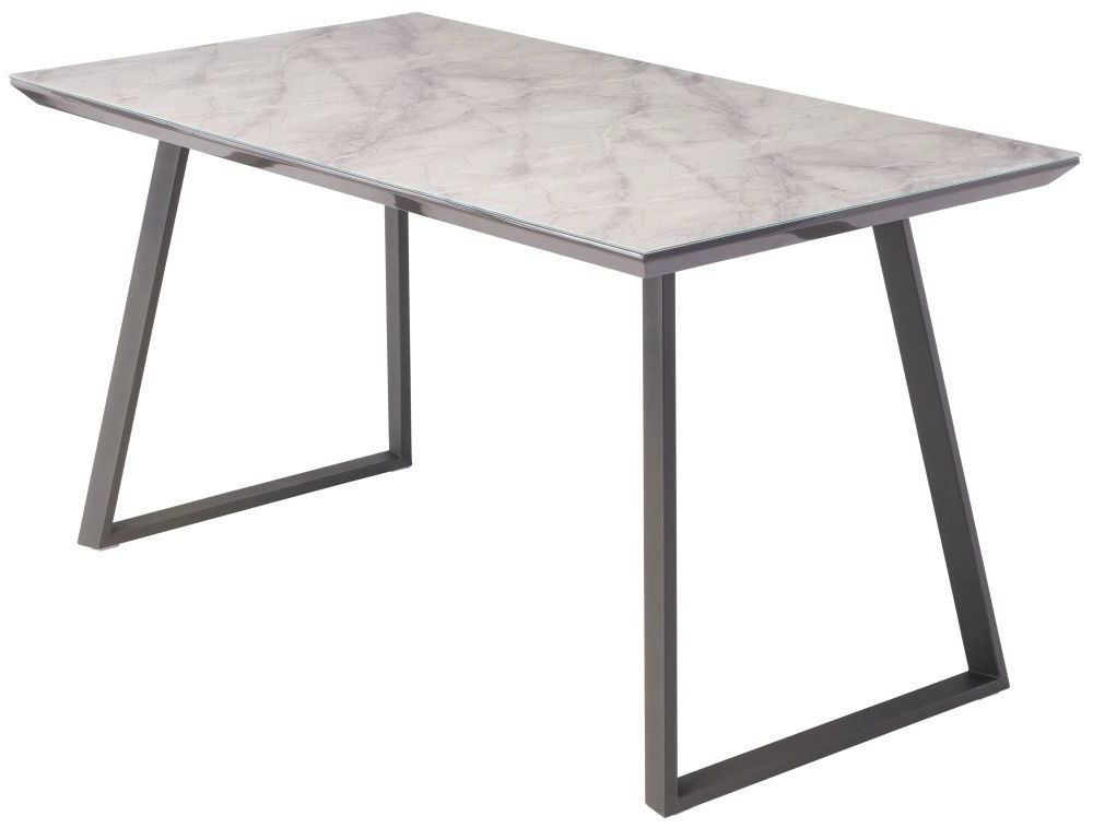 Alden 140cm Dining Table White And Grey Marble Effect Glass Top And Black Metal Base
