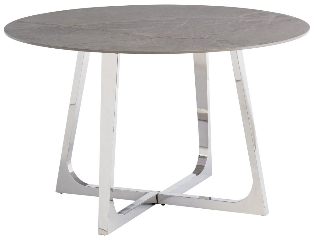 Desana 130cm Round Dining Table Grey Sintered Stone Top With Chrome Base