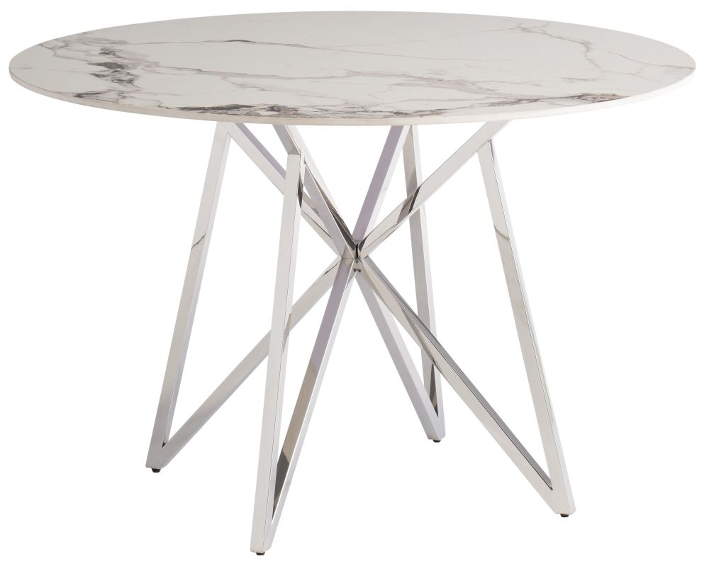 Jennis 120cm Round Dining Table Crisp White Sintered Stone Top With Chrome Base