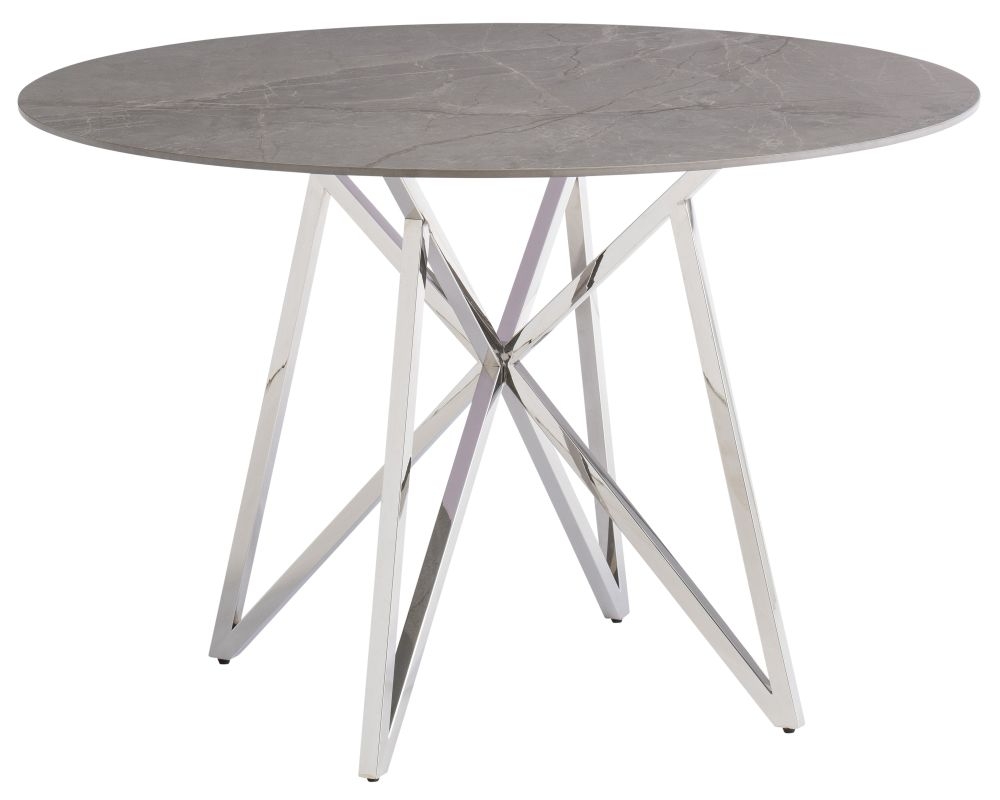 Jennis 120cm Round Dining Table Grey Sintered Stone Top With Chrome Base