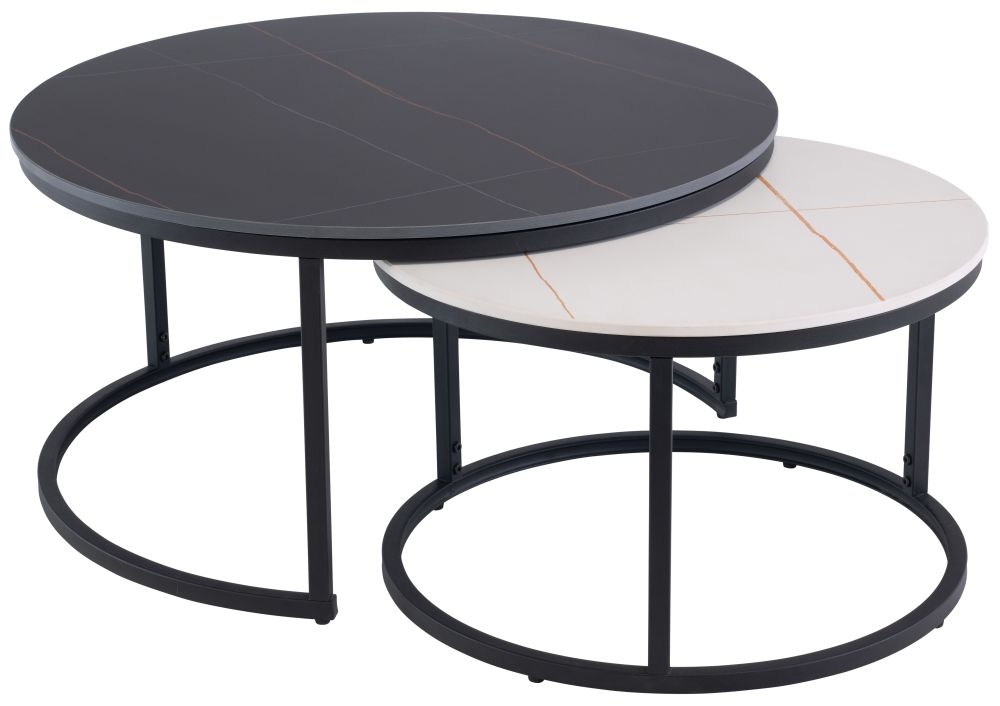 Ferrante Set Of 2 Round Coffee Table White And Black Sintered Stone Top With Black Powder Coated Base