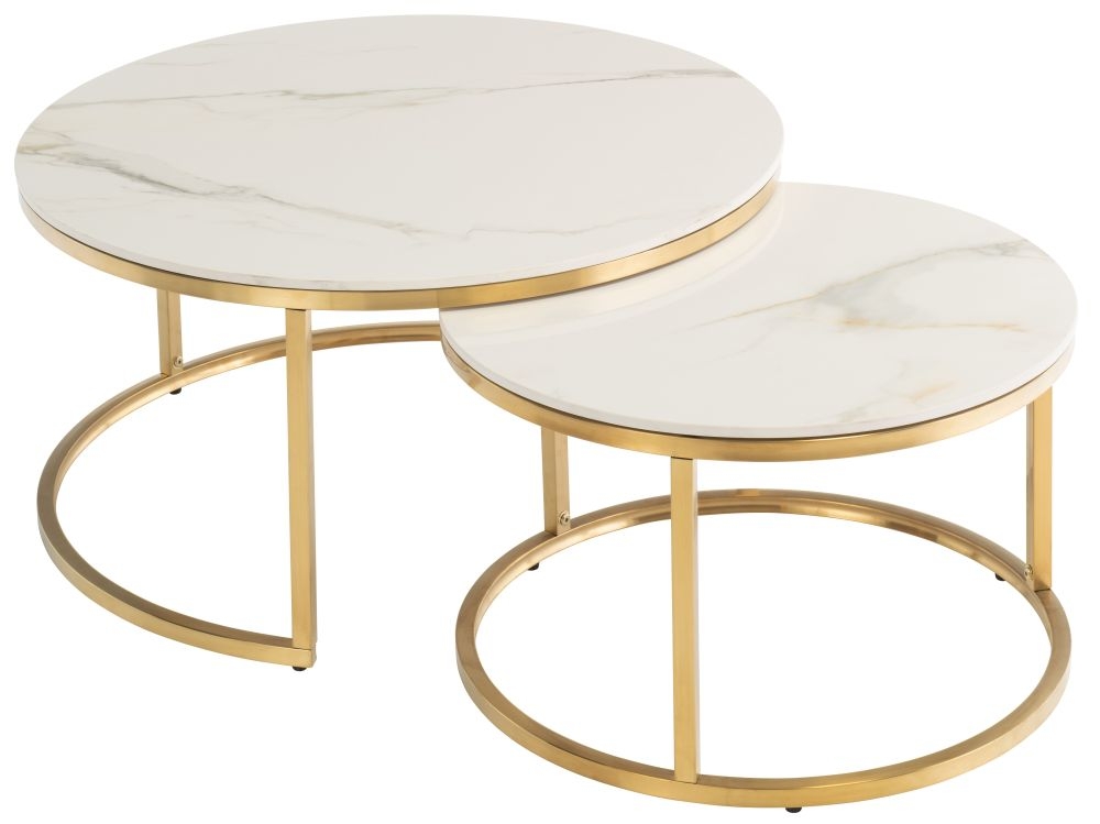 Portafino Set Of 2 Round Coffee Table Kass Marble Effect Top With Brushed Gold Base