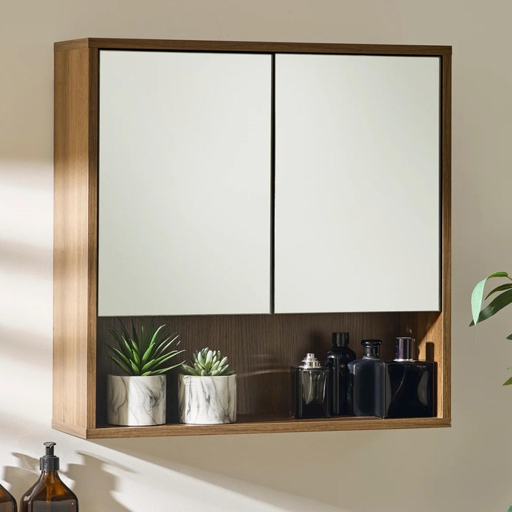 Hampshire Mirrored Bathroom Wall Mounted Cabinet - 2 Door - Walnut - Wood