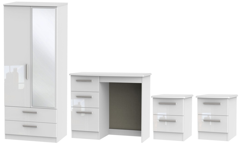 Knightsbridge White Gloss 4 Piece Bedroom Set with 2 Door Combi Wardrobe