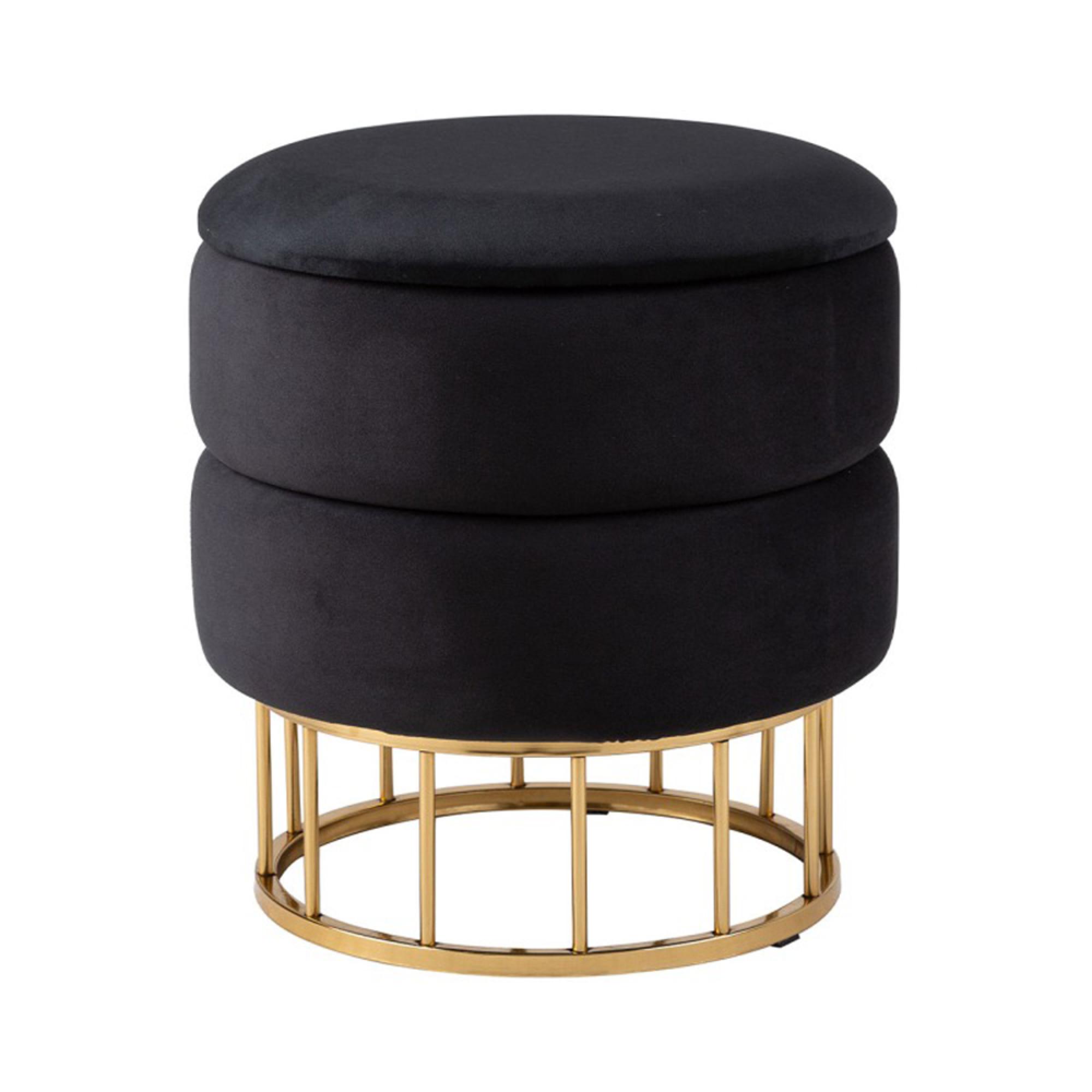 Storage Stool - Round - Black Velvet Fabric