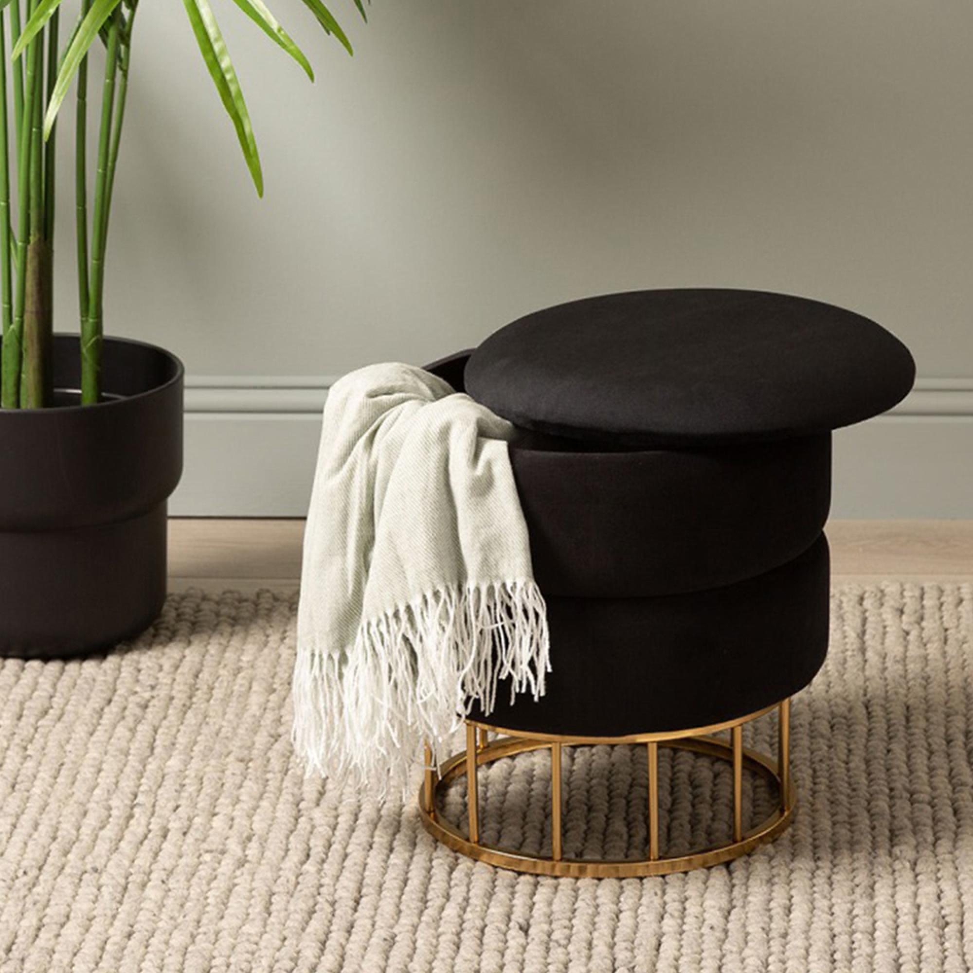 Storage Stool - Round - Black Velvet Fabric