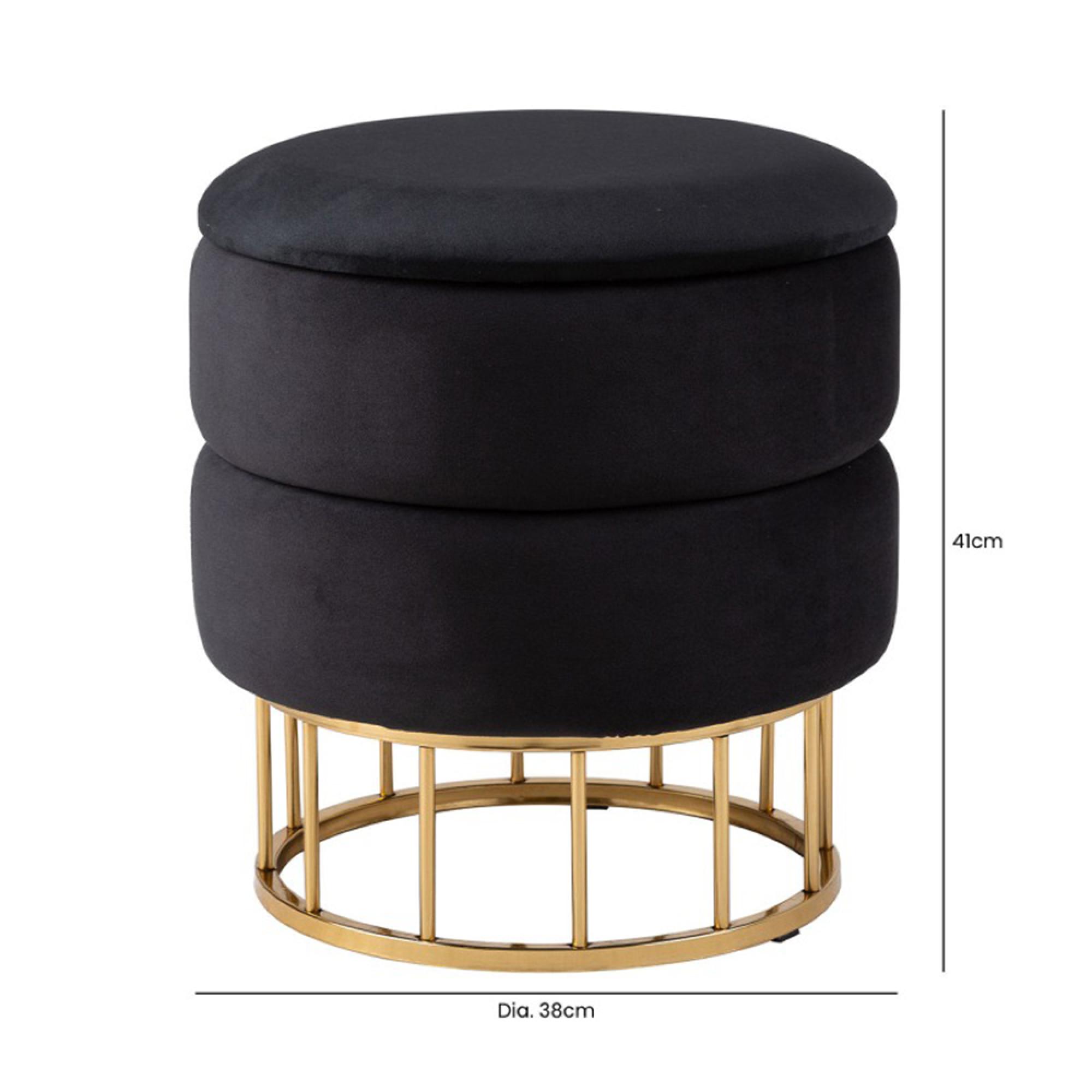Storage Stool - Round - Black Velvet Fabric
