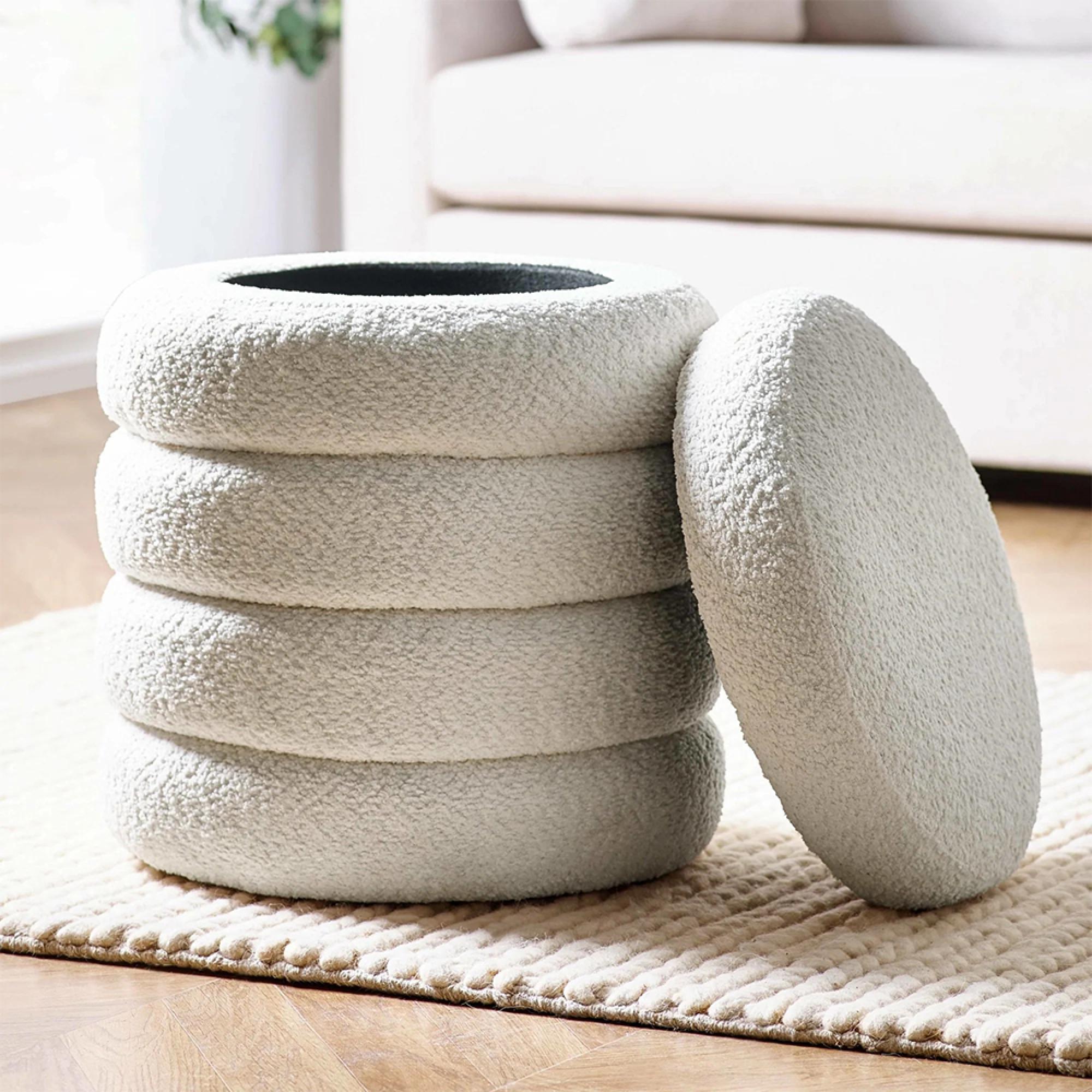 Hailey Ivory Boucle Round Storage Ottoman
