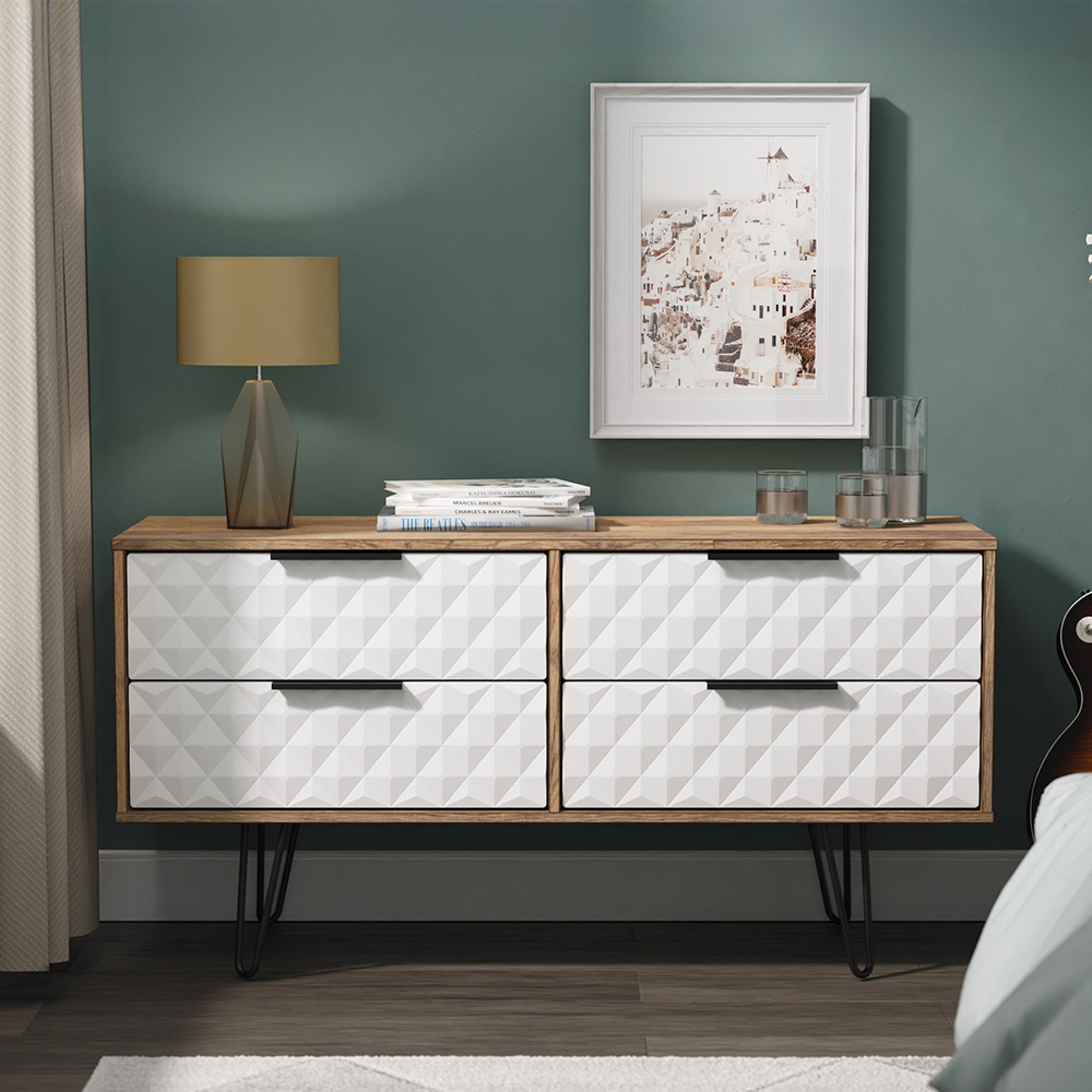 Harlequin Bed Box - 4 Drawer - with Hairpin Legs - White Matt and Vintage Oak
