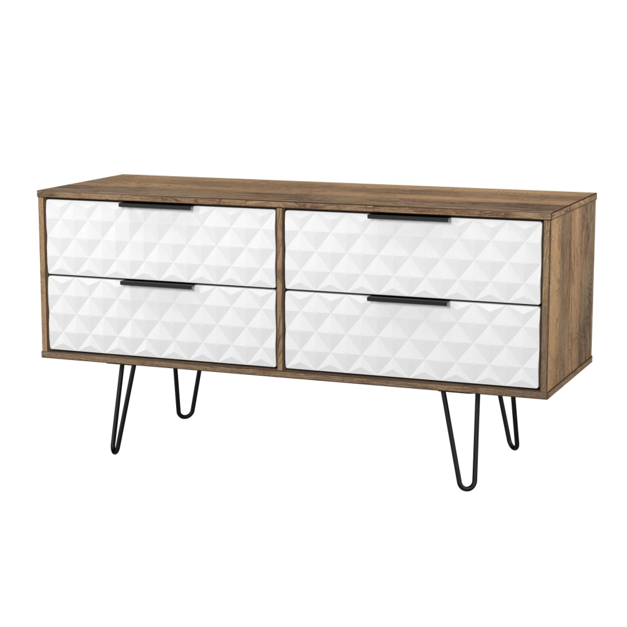 Harlequin Bed Box - 4 Drawer - with Hairpin Legs - White Matt and Vintage Oak