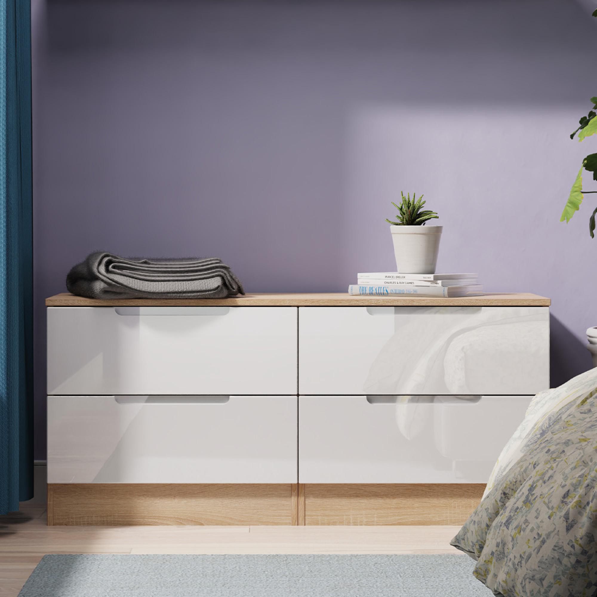 Milan Bed Box - White Gloss and Oak