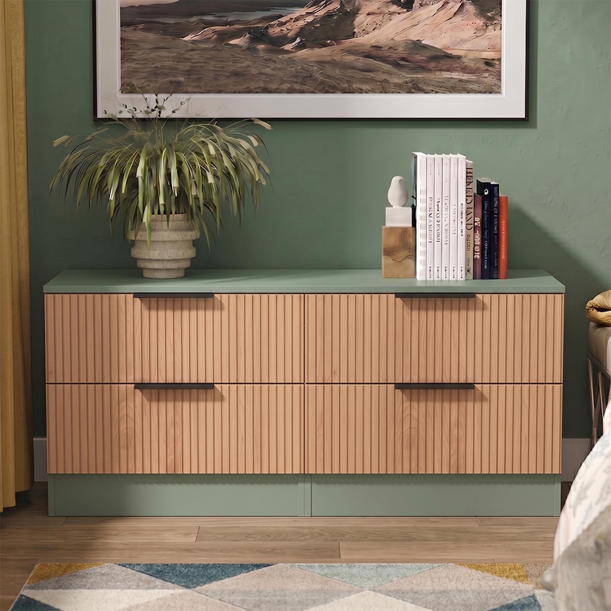 Java Fluted Bed Box - 4 Drawer - Natural and Reed Green