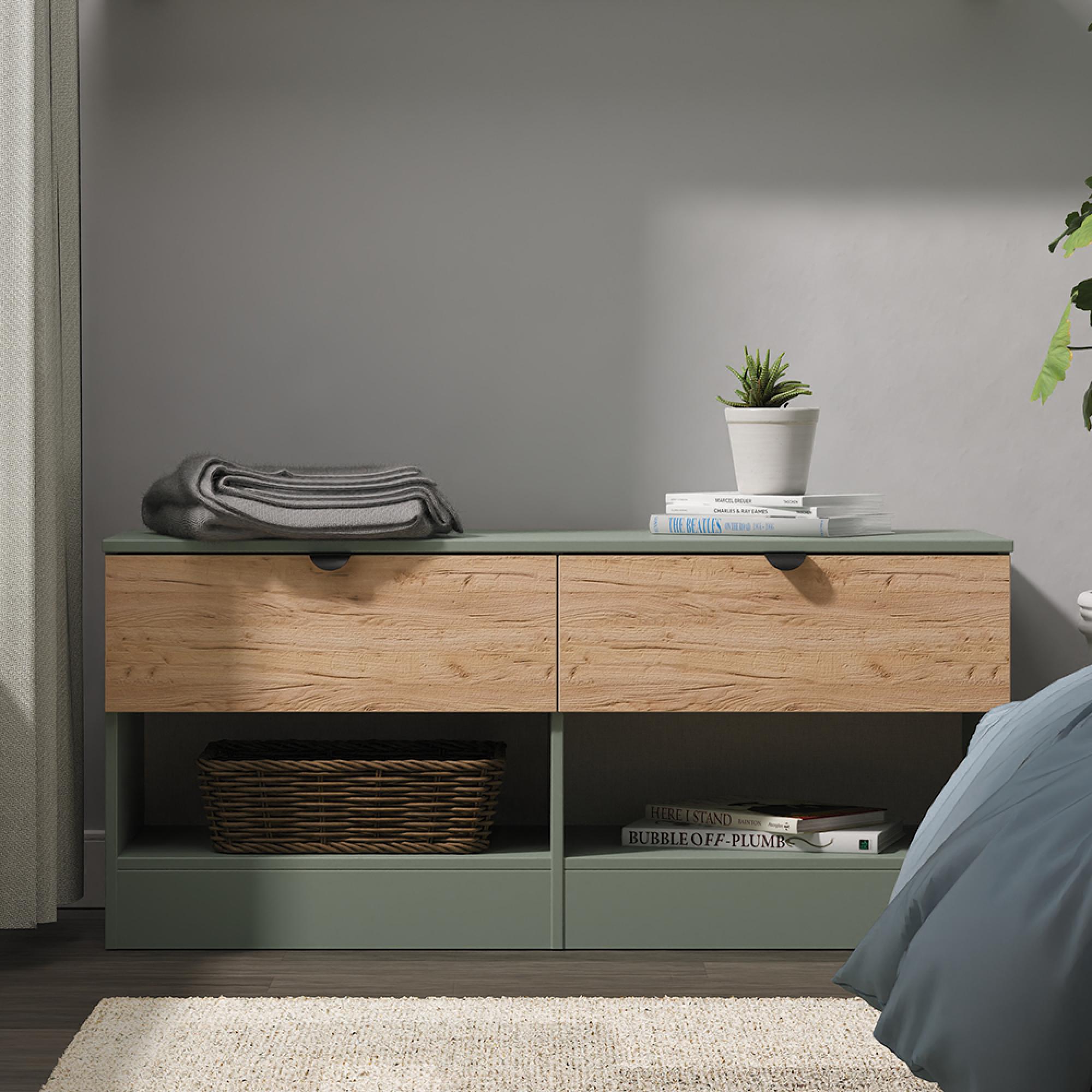 Bora Bed Box - 2 Drawer - Gold Craft Oak and Reed Green