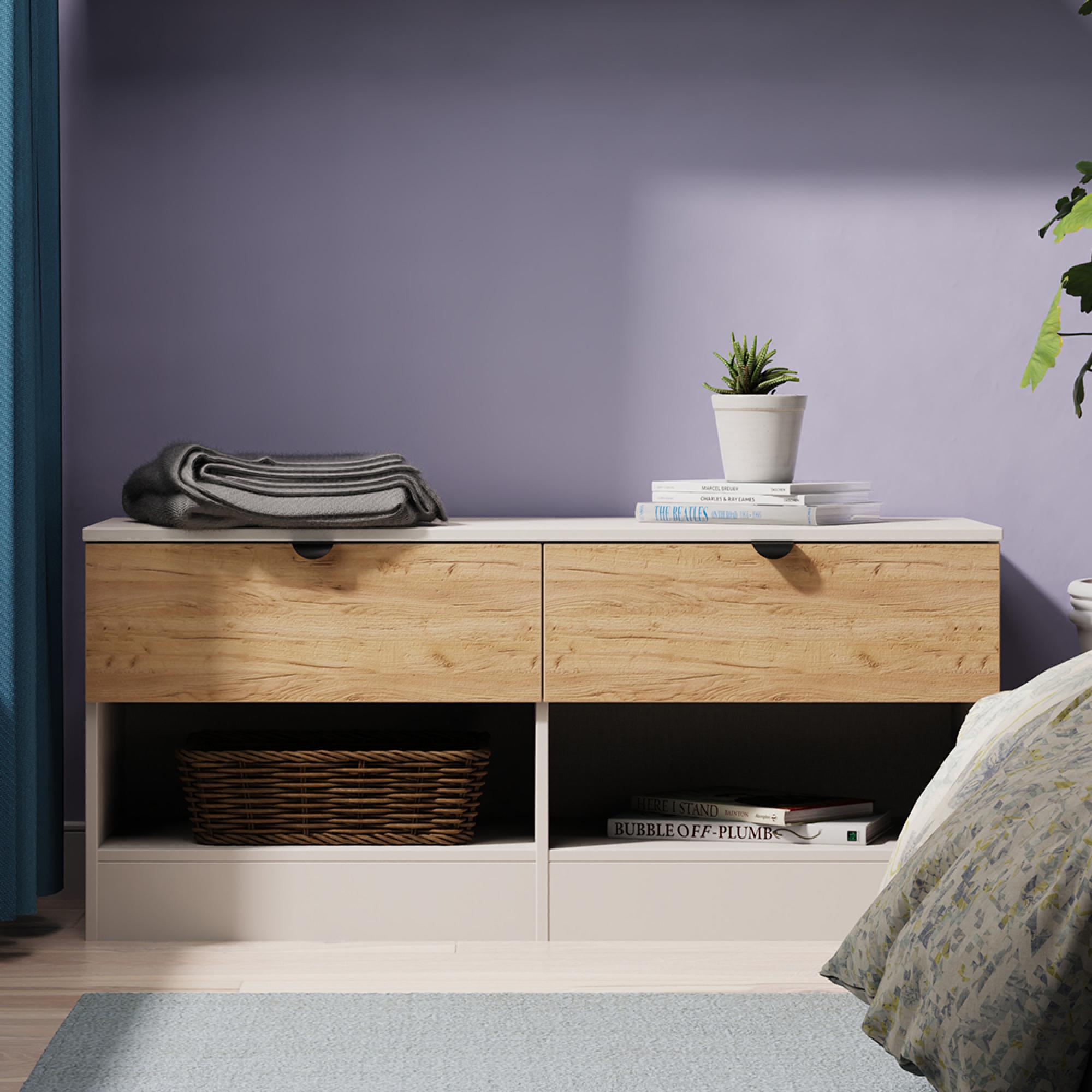 Bora Bed Box - 2 Drawer - Open Shelf - Gold Craft Oak and Kashmir Matt