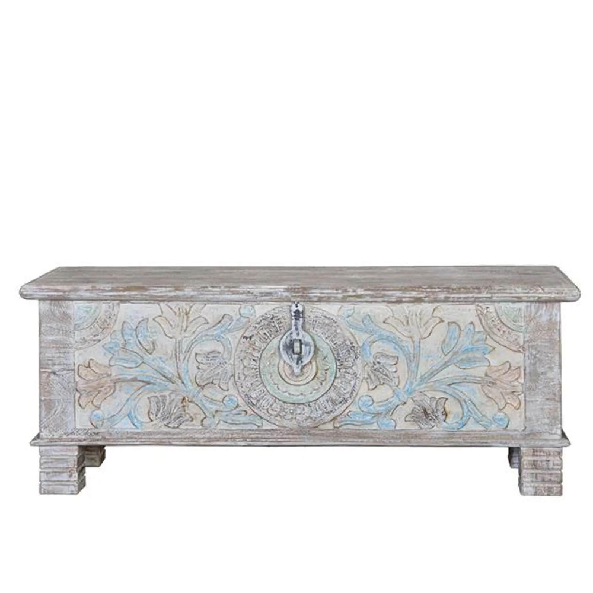 Innerbraz Storage Trunk - White Carved - Mango Wood
