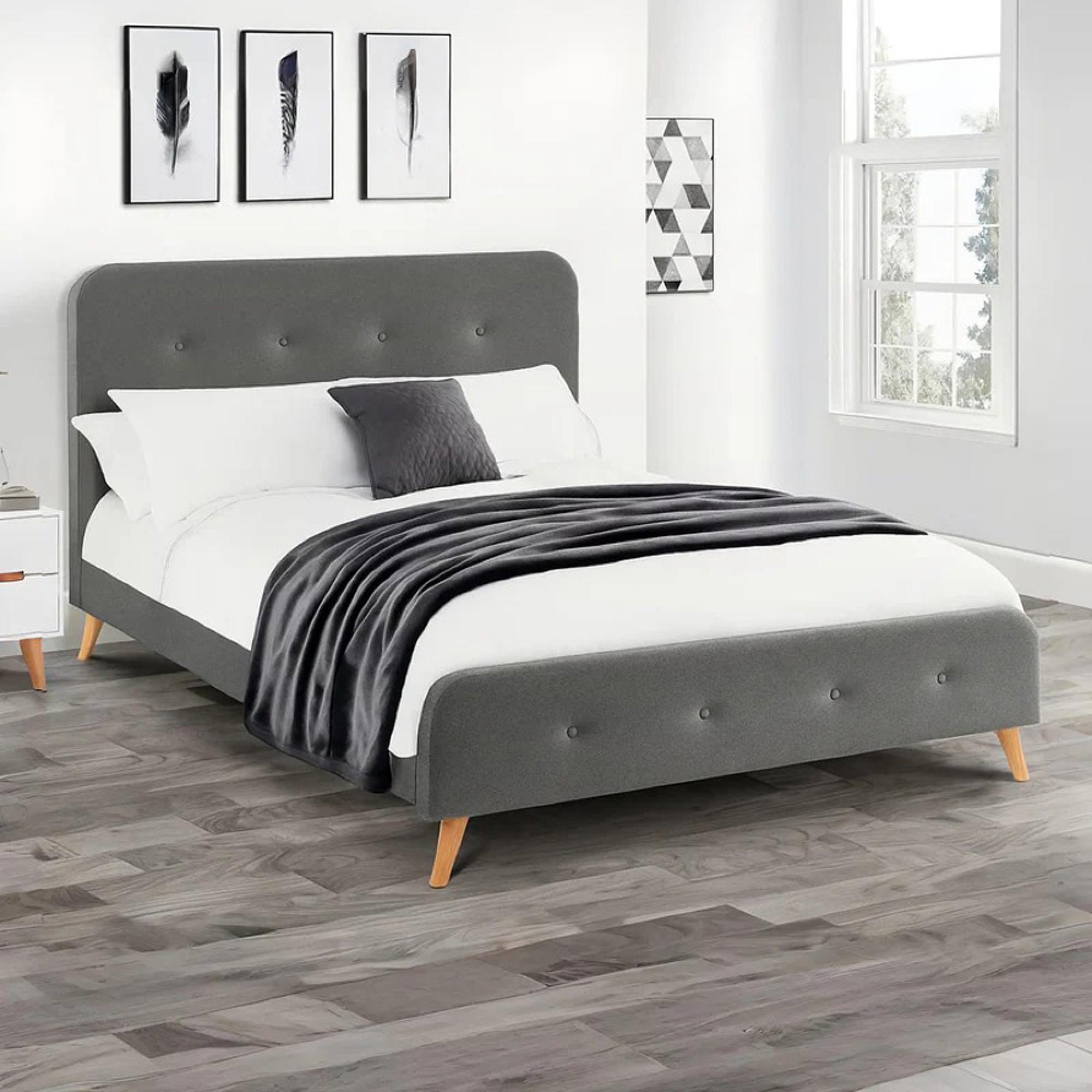 Astrid Bed - Grey Fabric - 5ft King Size - Curved Retro