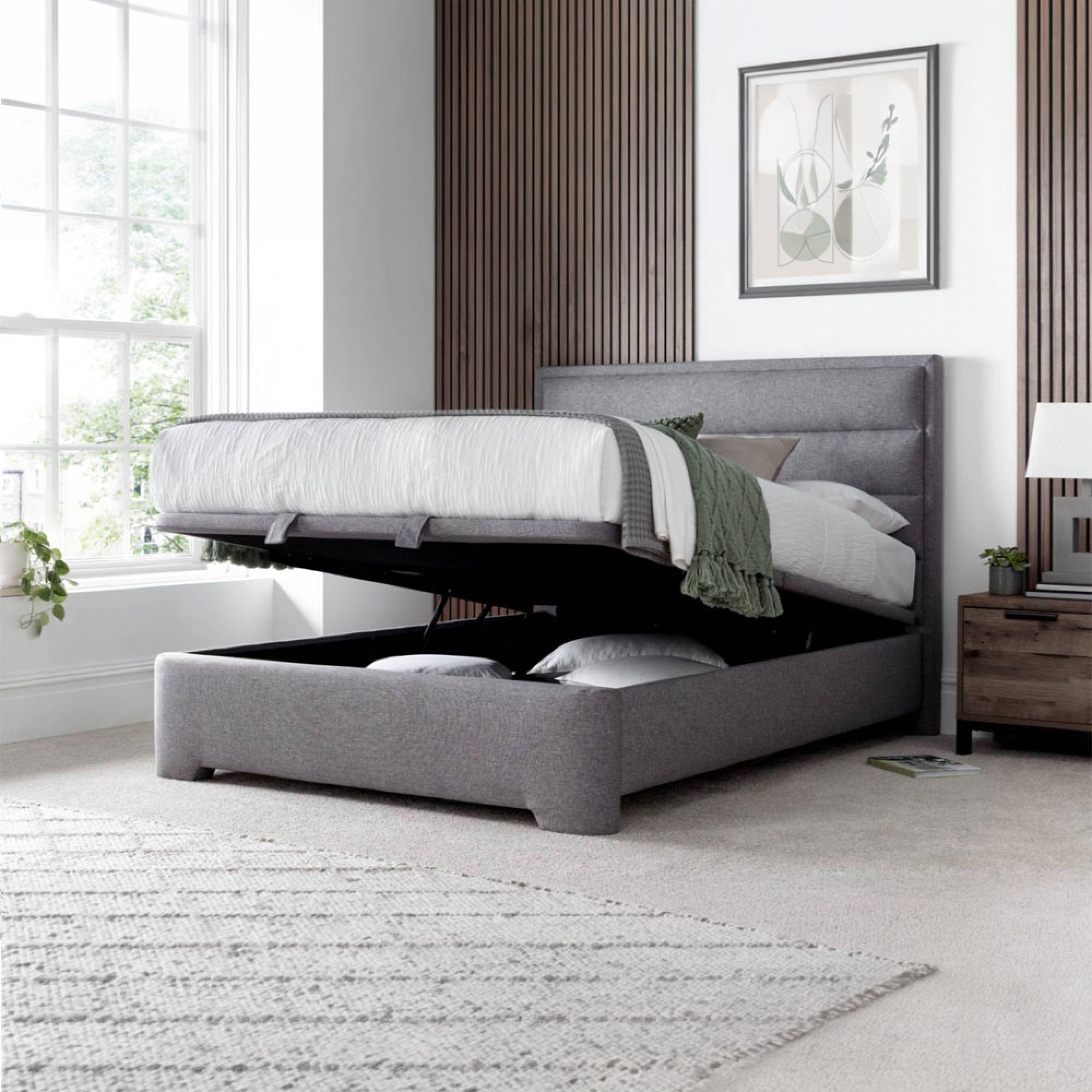 Kirkby Ottoman Storage Bed - Marbella Grey Fabric - Sizes Available