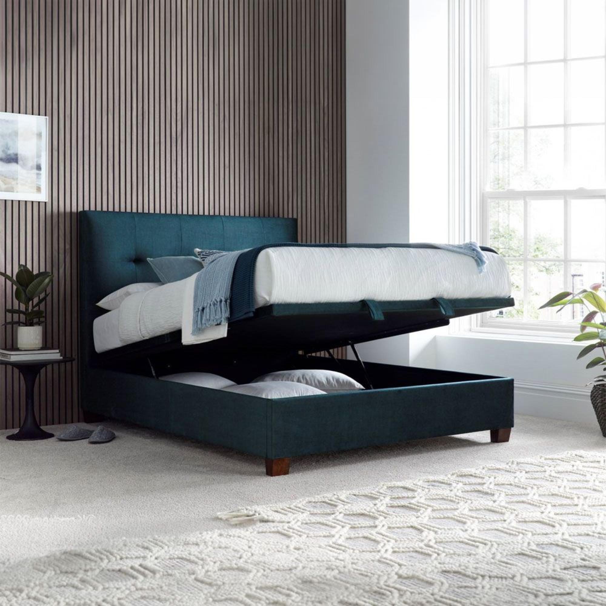 Walkworth Ottoman Storage Bed - Deep Ocean Blue Fabric - Sizes Available