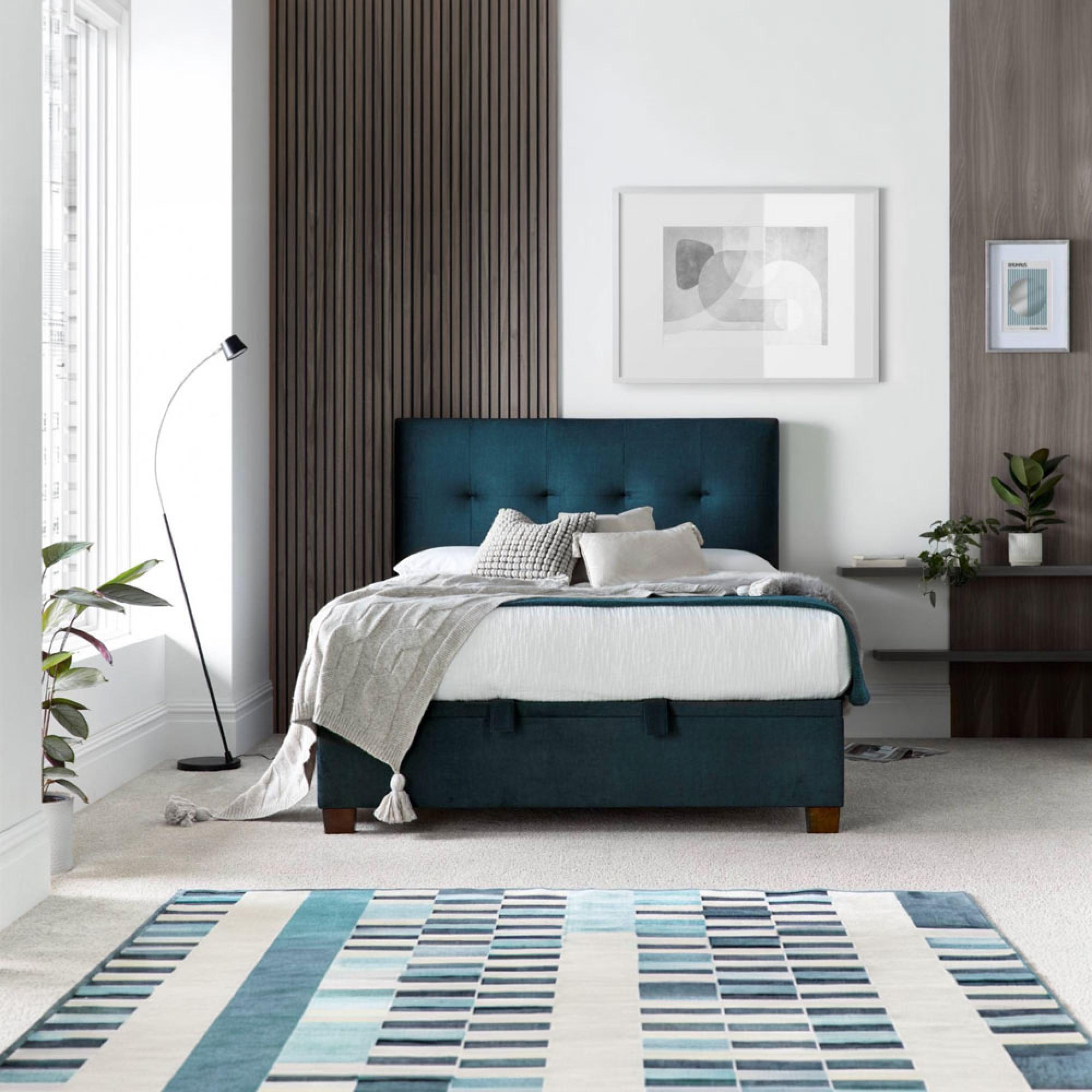 Walkworth Ottoman Storage Bed - Deep Ocean Blue Fabric - Sizes Available