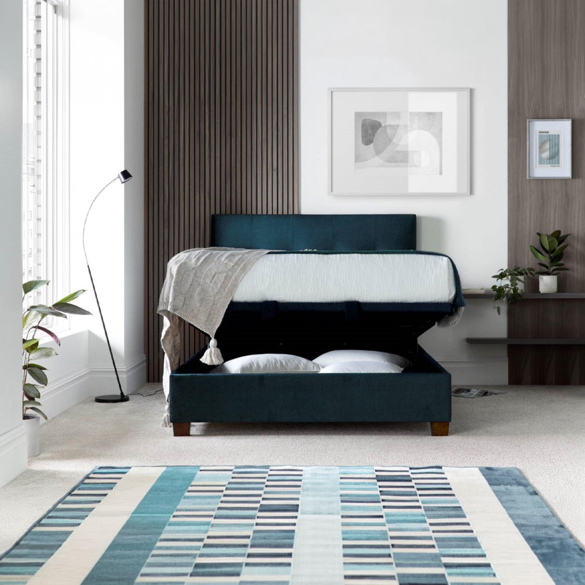 Walkworth Ottoman Storage Bed - Deep Ocean Blue Fabric - Sizes Available