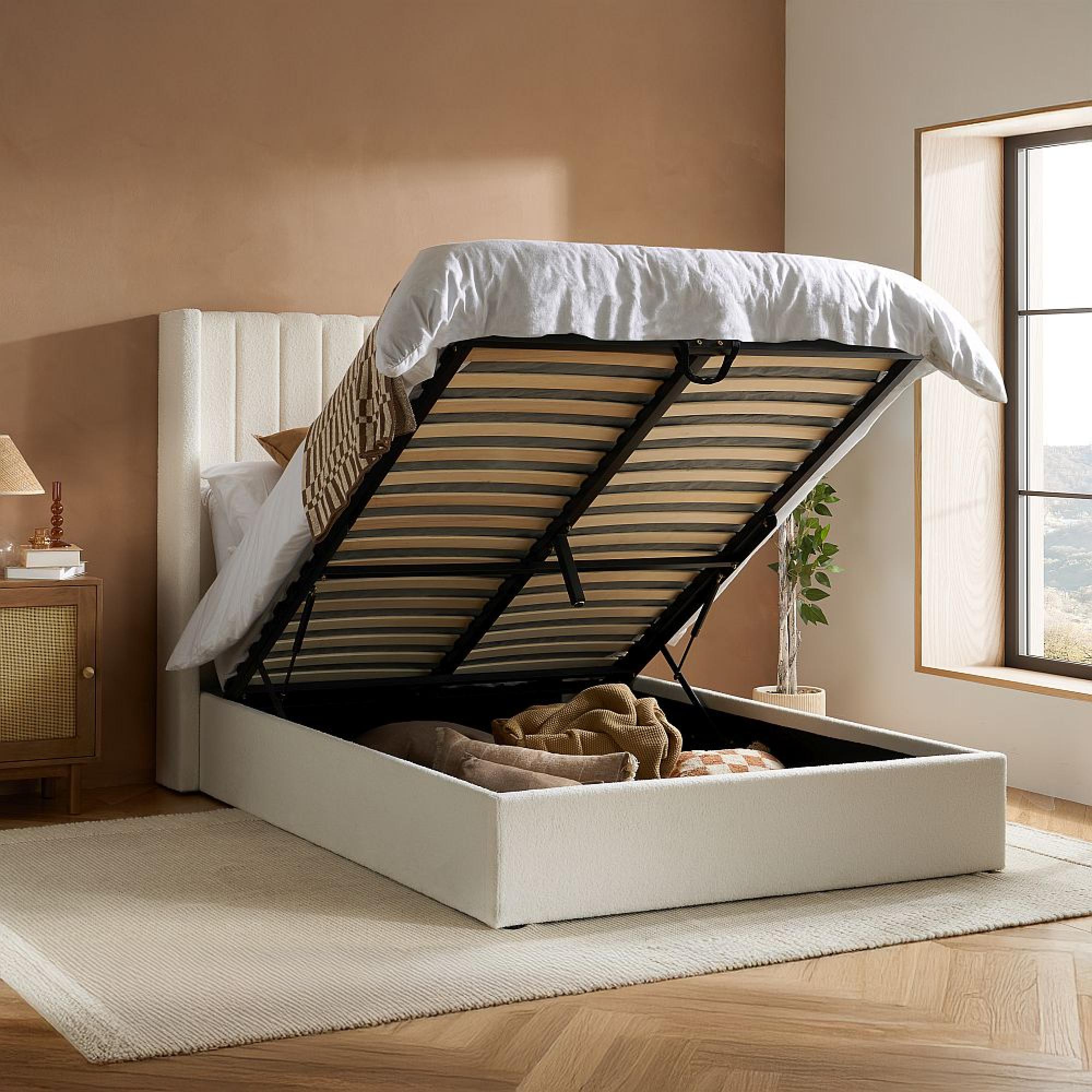 Maisey Ottoman Storage Bed - White Boucle Fabric - Sizes Available