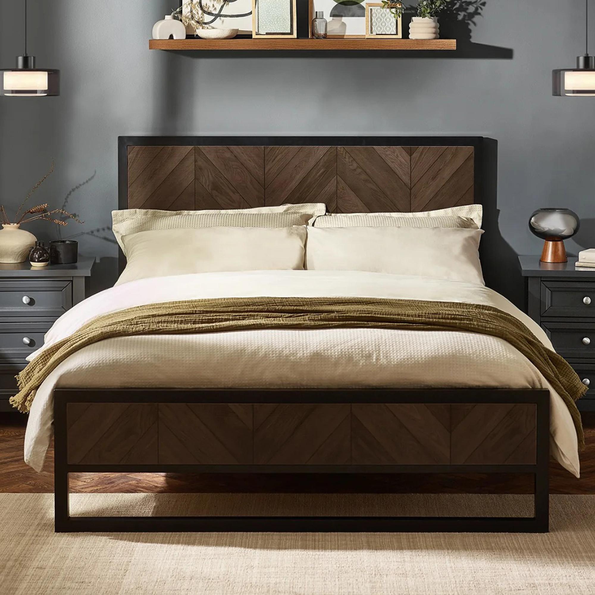 Harrison Herringbone Bed - Brown and Black - Wood and Metal - Size Available