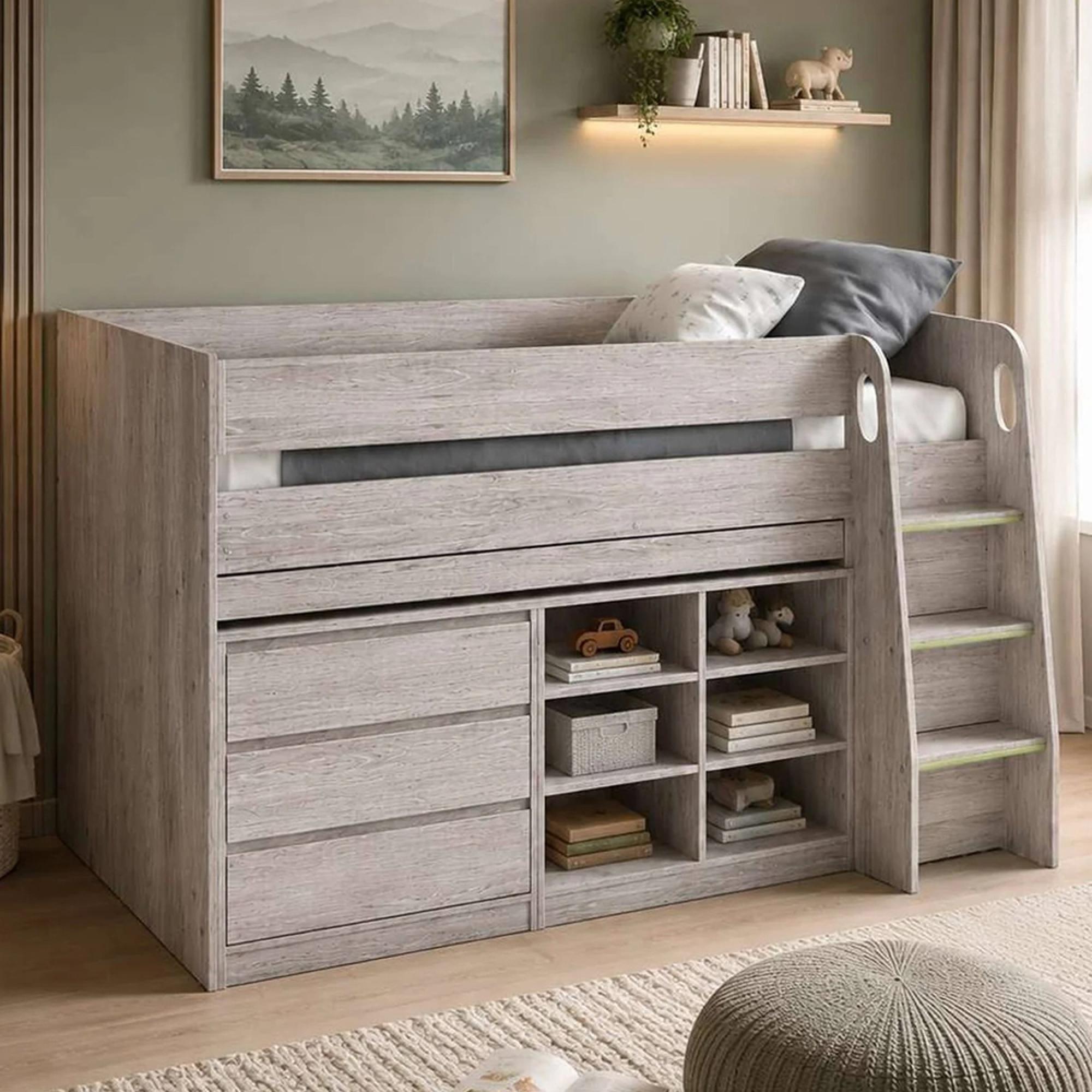 Vespa Midsleeper Storage Bed - Grey - Oak Effect