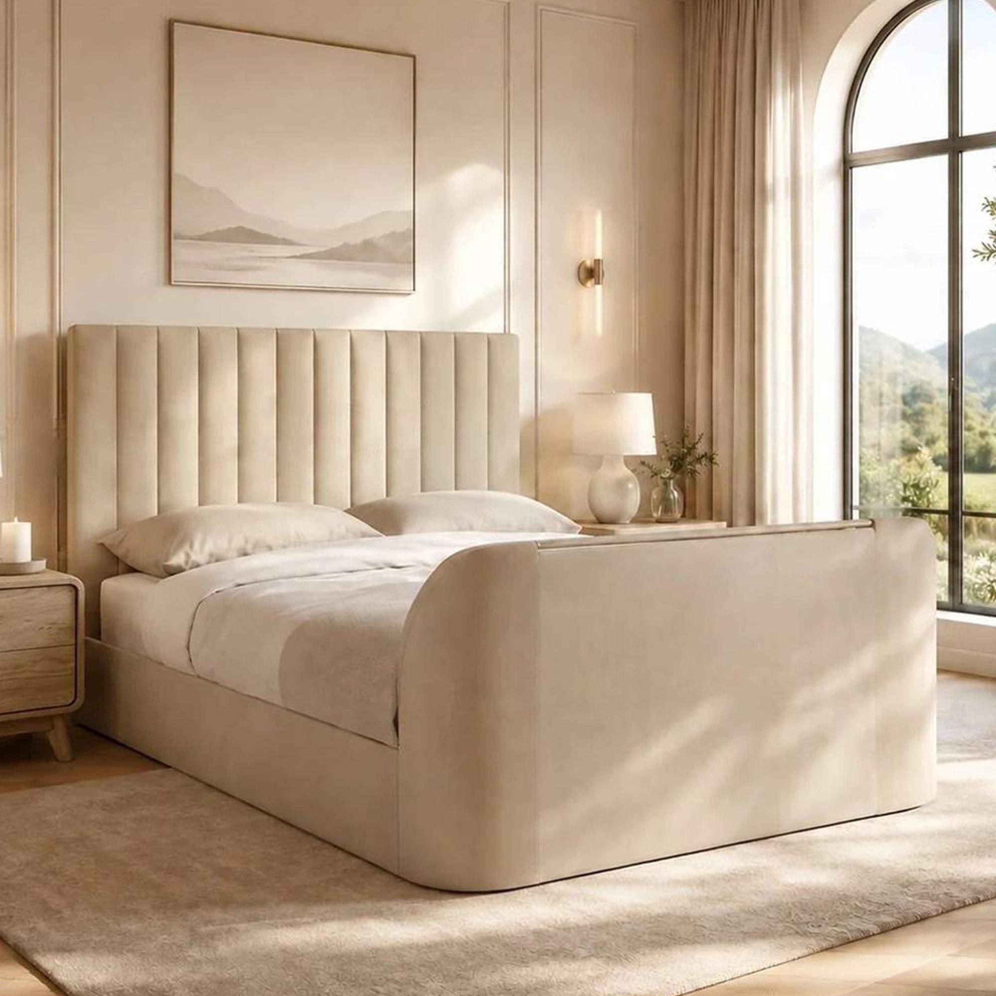 Alana Side Lift Ottoman TV Bed - Cream Velvet - Fabric - Sizes Available