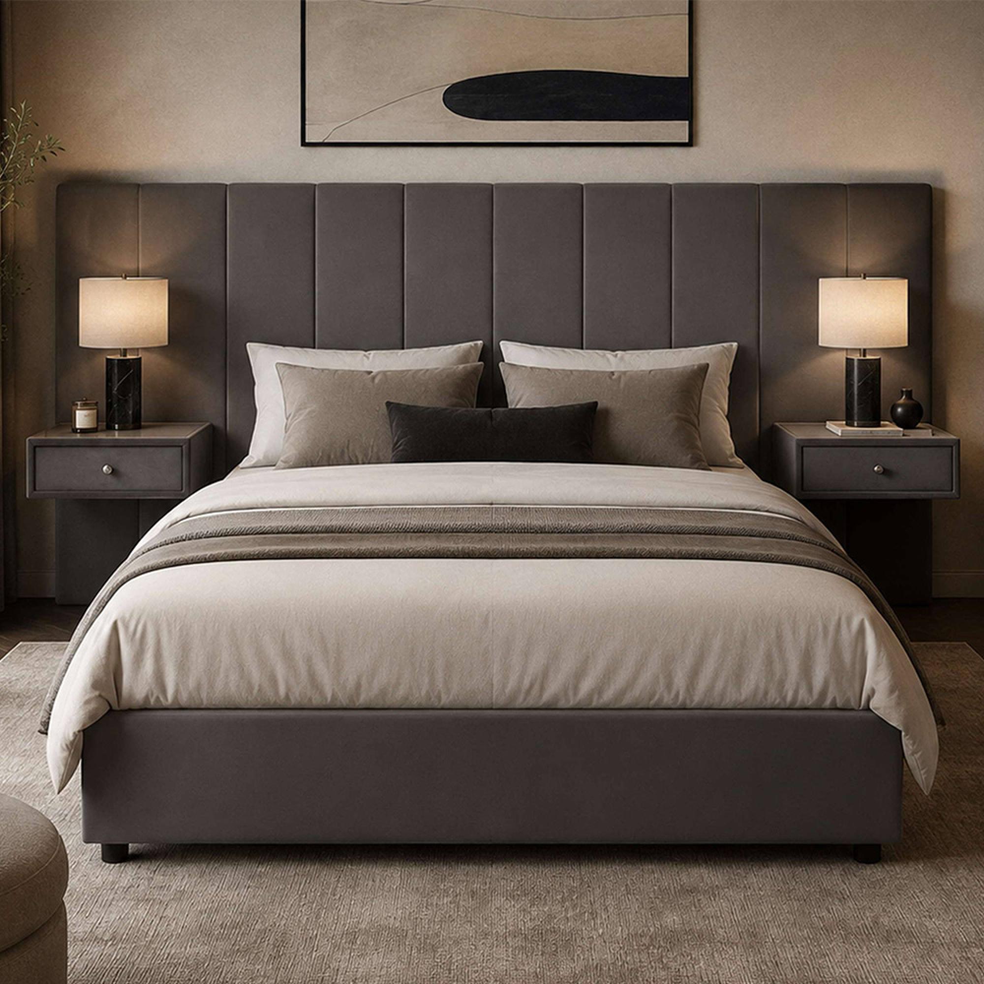 Sloan Bed - with Built-In Side Table - Grey Velvet - Fabric - Sizes Available