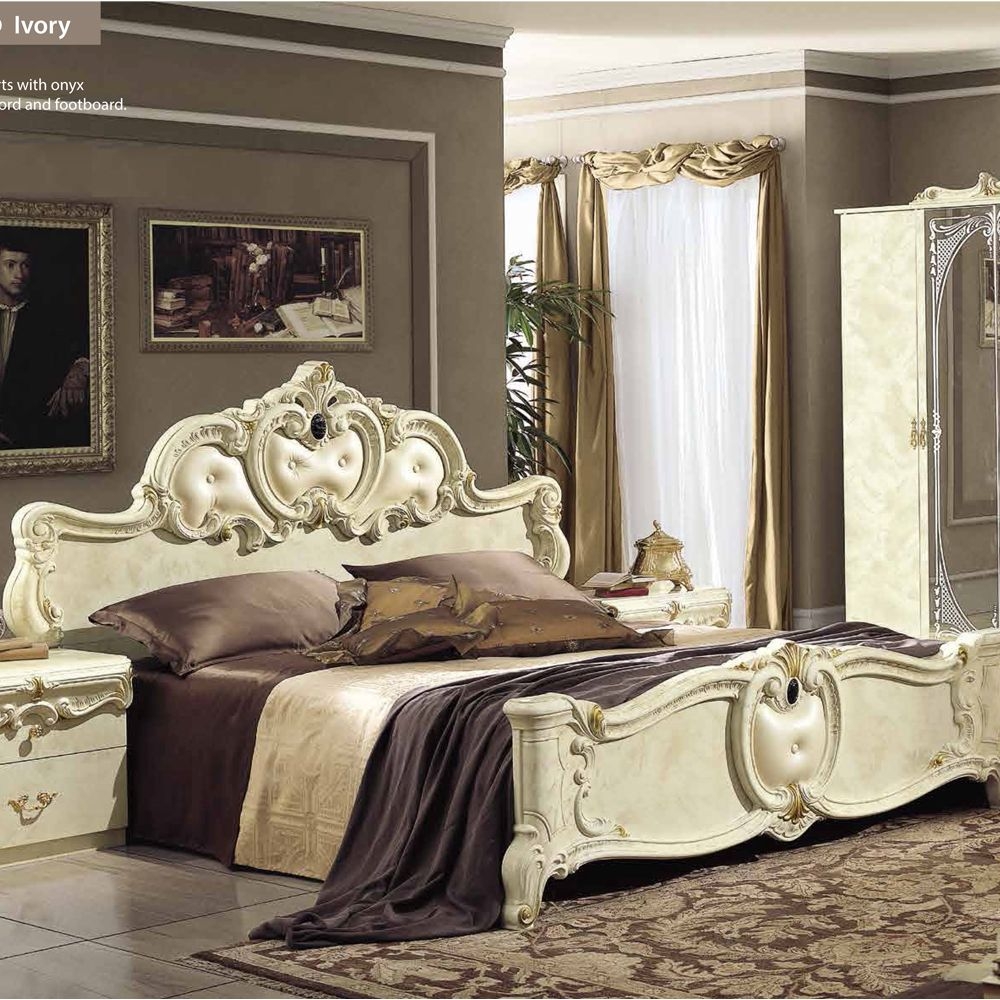 Barocco Bed - 6ft Queen Size - Ivory - Leather