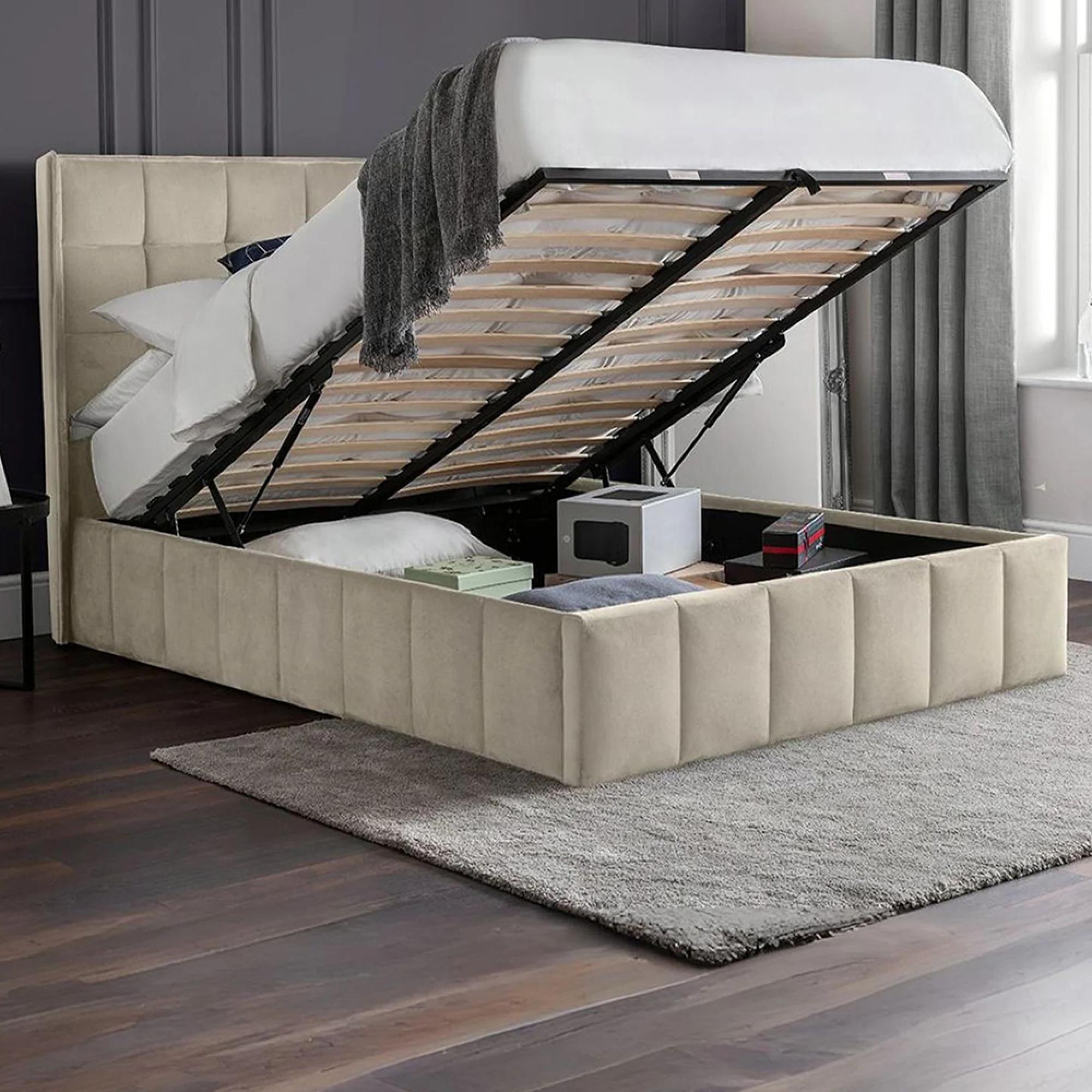 Gatsby Ottoman Storage Bed - Cream Velvet Fabric - Sizes Available
