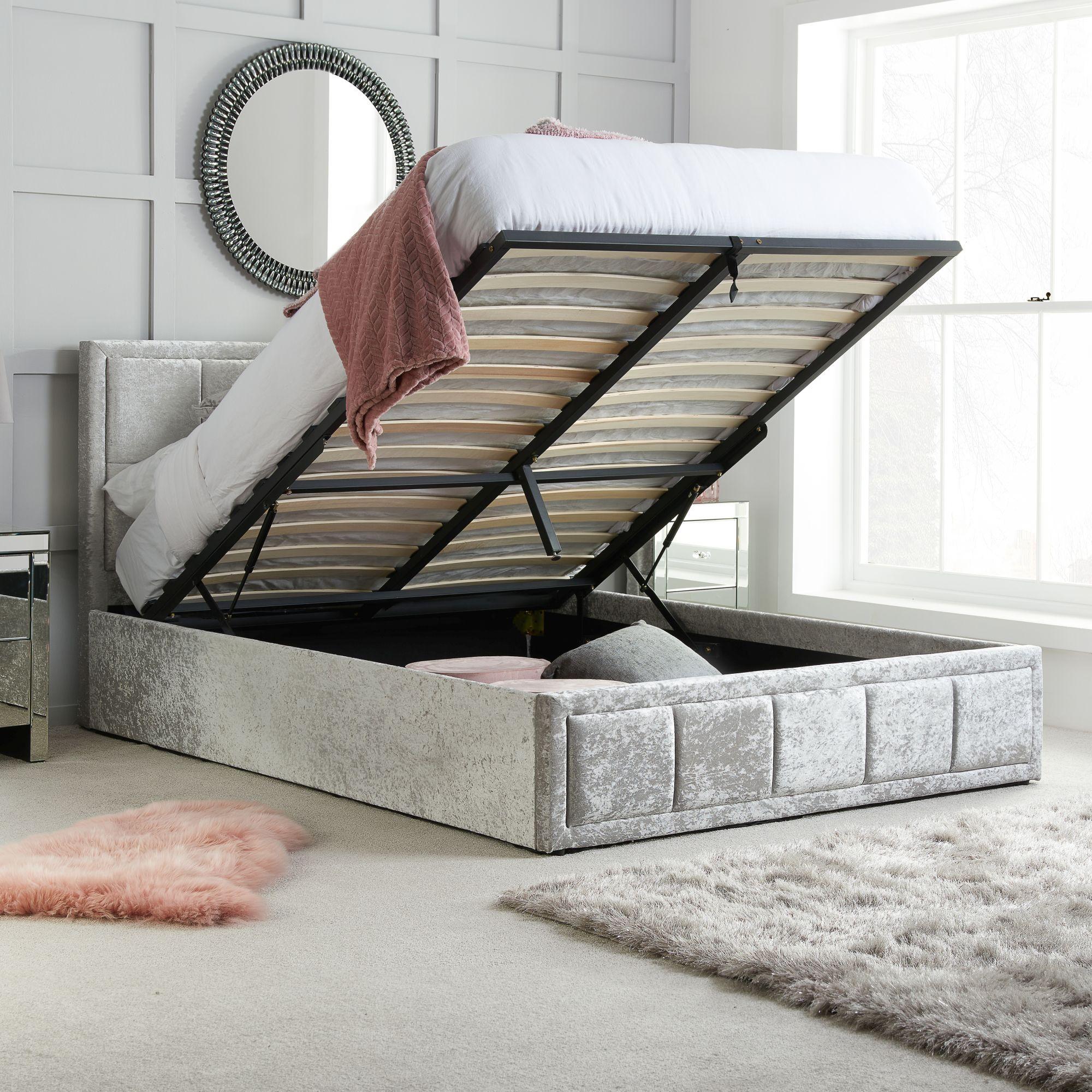 Hannover Ottoman Storage Bed - Steel Crushed Velvet Fabric - Sizes Available