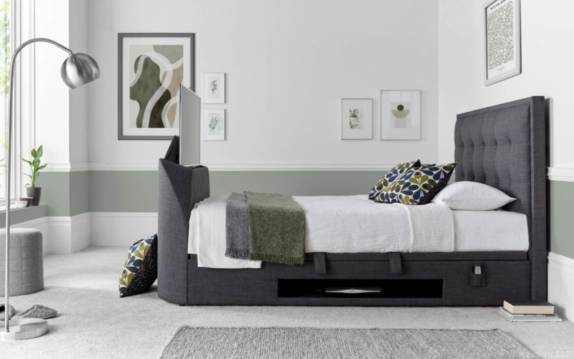 Falmer Ottoman Storage TV Bed - Pendle Slate Dark Grey Fabric - Sizes Available