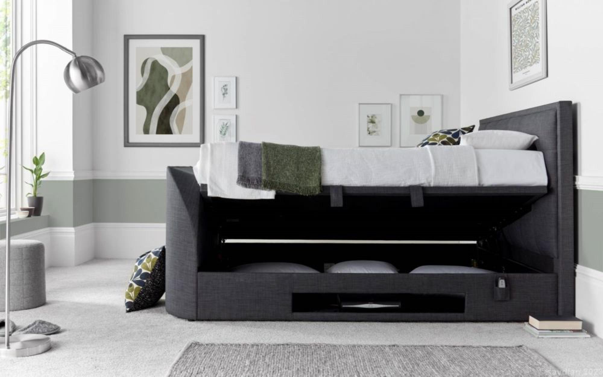 Falmer Ottoman Storage TV Bed - Pendle Slate Dark Grey Fabric - Sizes Available