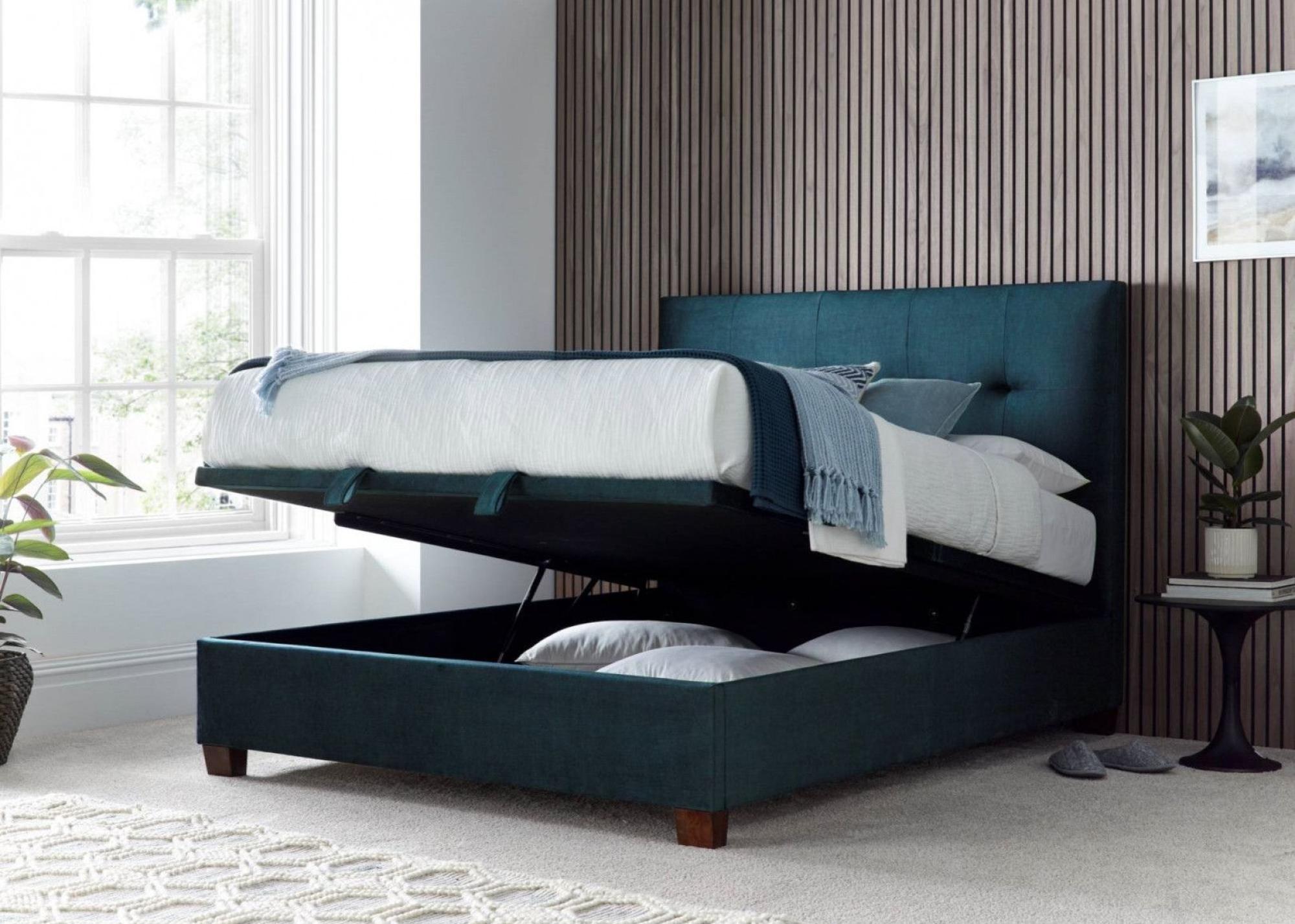Walkworth Ottoman Storage Bed - Deep Ocean Blue Fabric - Sizes Available