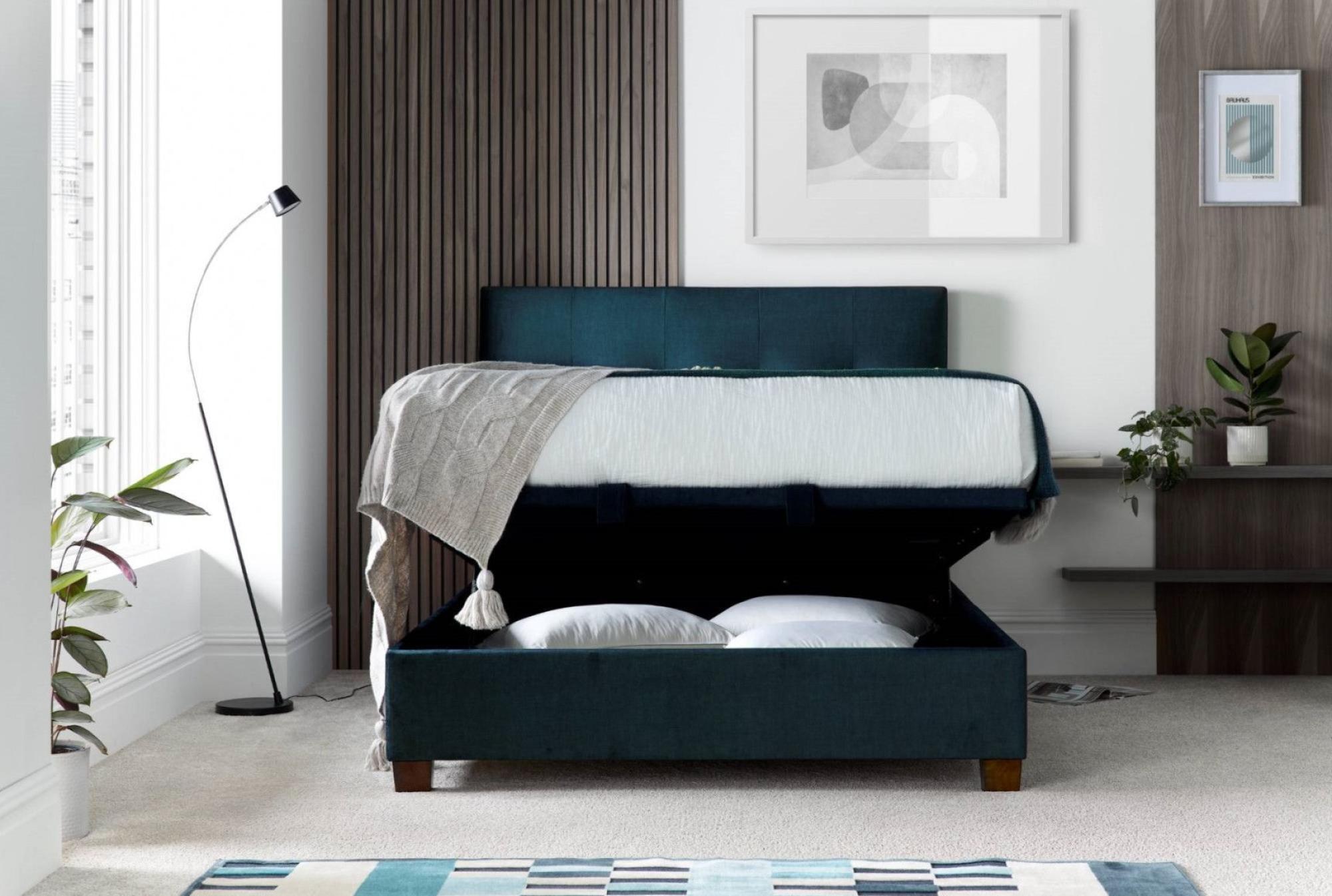 Walkworth Ottoman Storage Bed - Deep Ocean Blue Fabric - Sizes Available