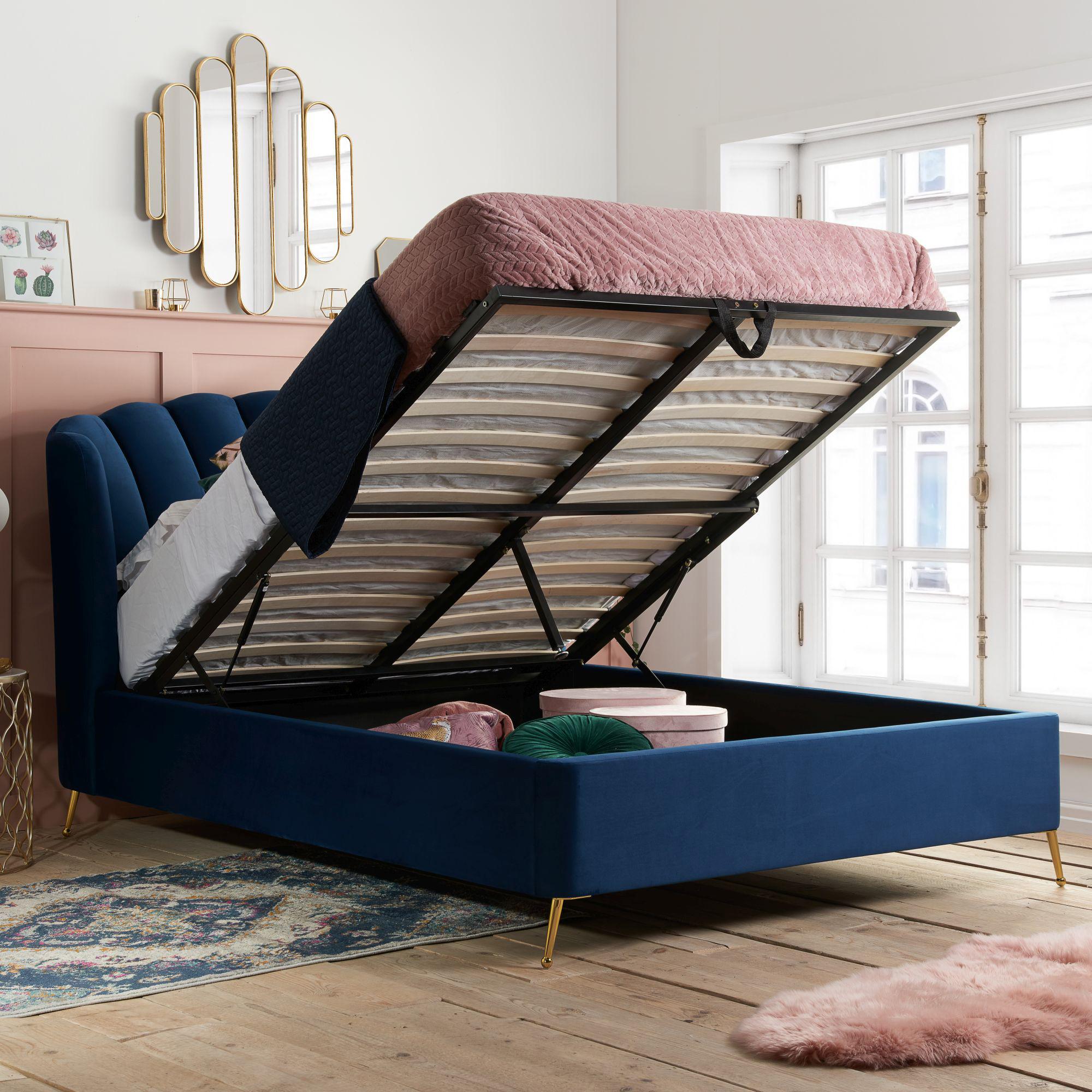 Lottie Ottoman Storage Bed - Blue Fabric - Sizes Available