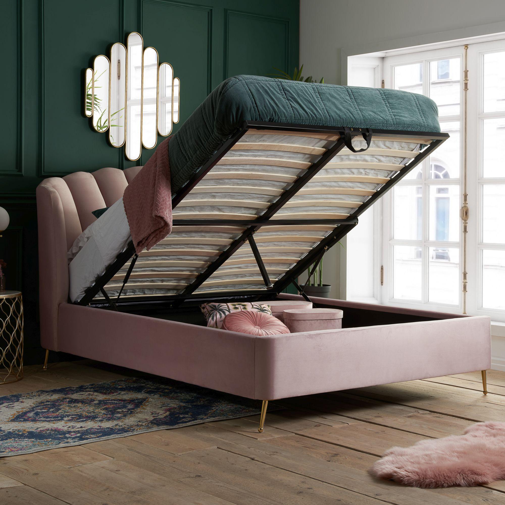 Lottie Ottoman Storage Bed - Pink Fabric - Sizes Available
