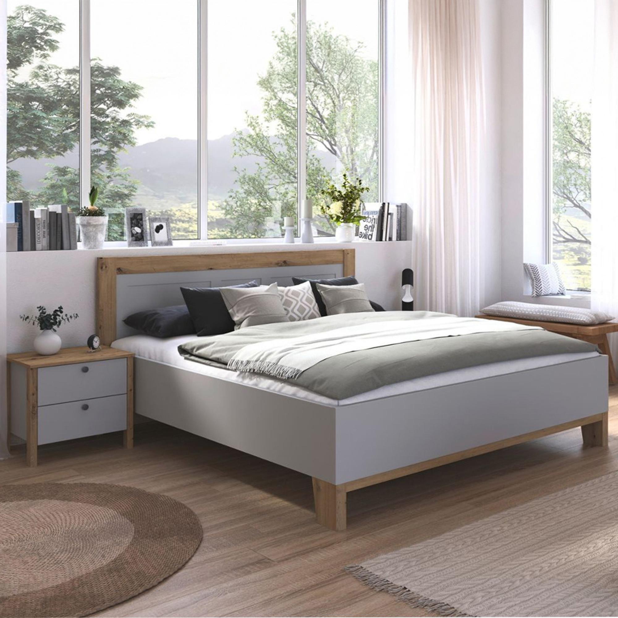 Rauch Credo 6ft King Size Bed with 2 Bedside Table - Silk Grey and Artisan Oak