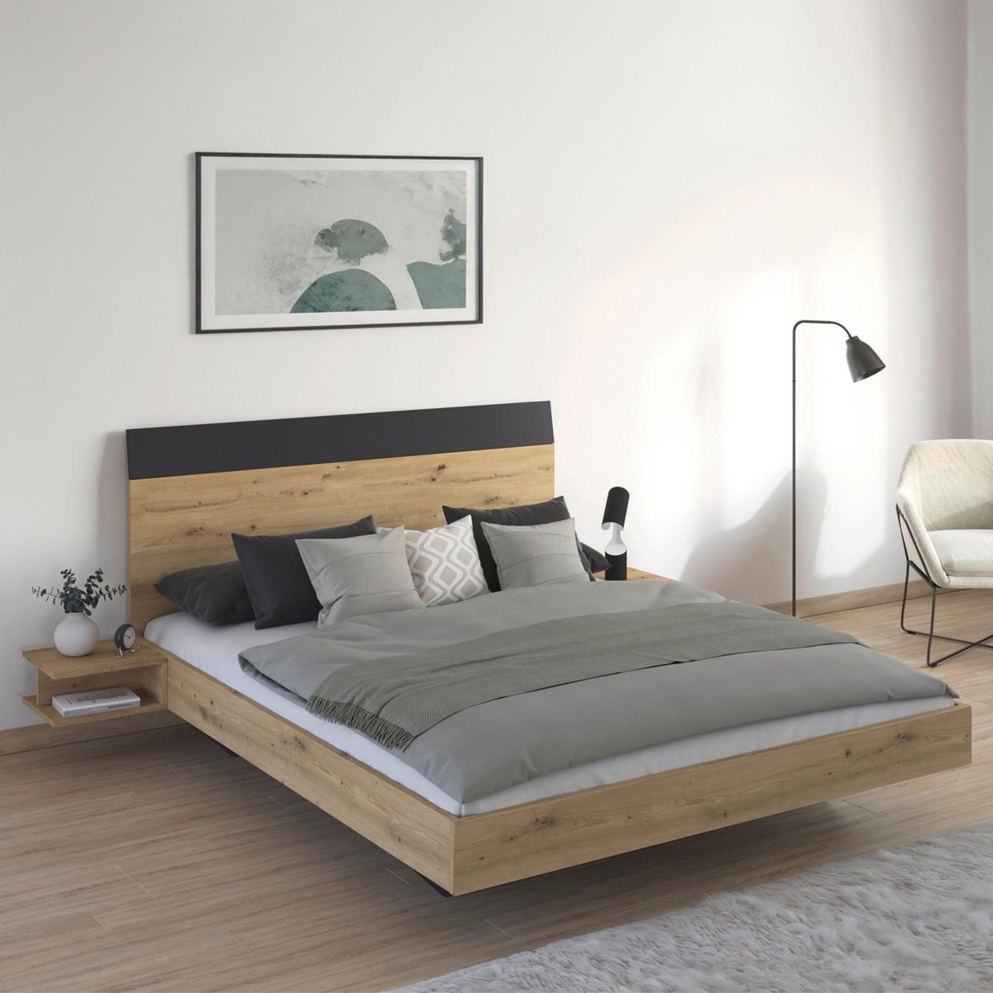 Rauch Monza 5ft King Size Bed with 2 Hanging Bedside Table - Artisan Oak and Metallic Dark Grey