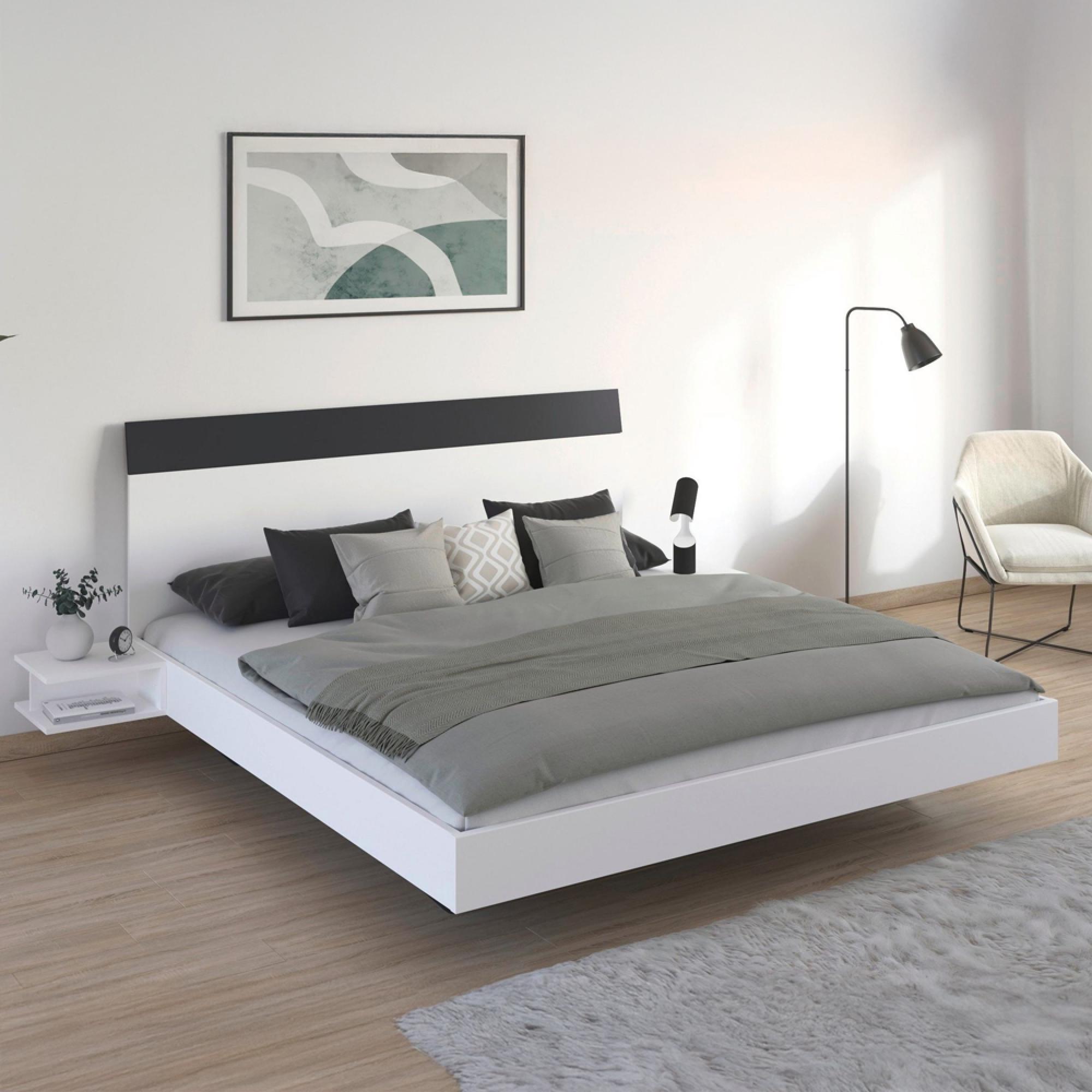 Rauch Monza 6ft Queen Size Bed with 2 Hanging Bedside Table - Alpine White and Metallic Dark Grey