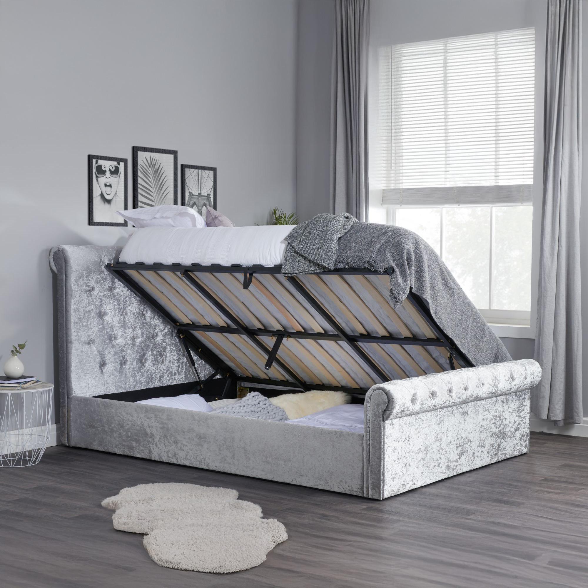 Sienna Side Ottoman Storage Bed - Steel Crushed Velvet Fabric - Sizes Available