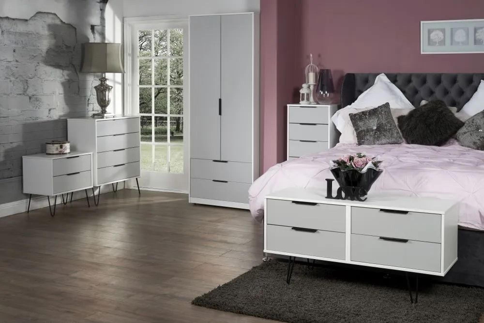 Hong Kong Bedside Cabinet - 2 Drawer - Wide - with Hairpin Legs - Grey and White