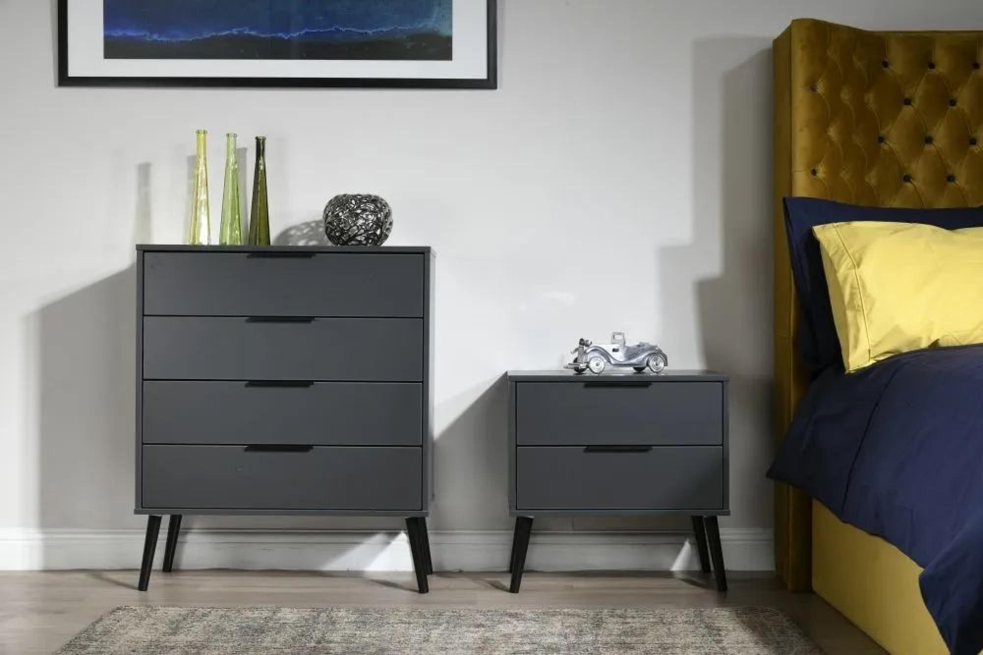 Hong Kong Bedside Cabinet - 2 Drawer - Wide - with Wooden Legs - Graphite