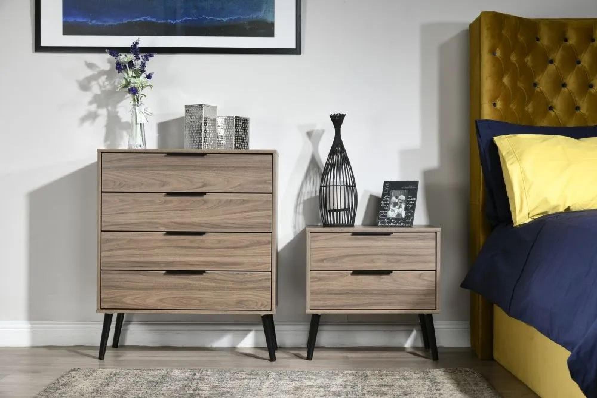 Hong Kong Bedside Cabinet - 2 Drawer - Wide - with Wooden Legs - Walnut