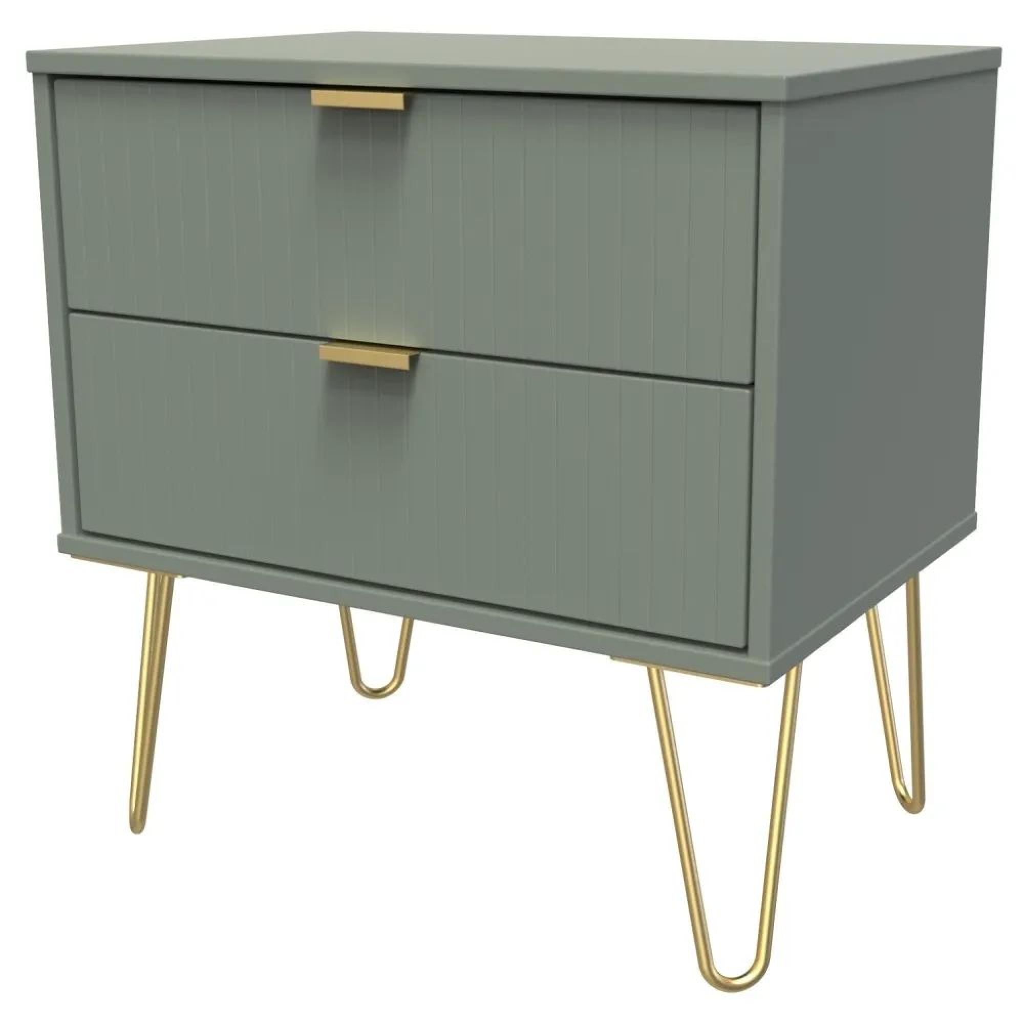 Linear Bedside Cabinet - Wide - 2 Drawer - with Gold Hairpin Legs - Green