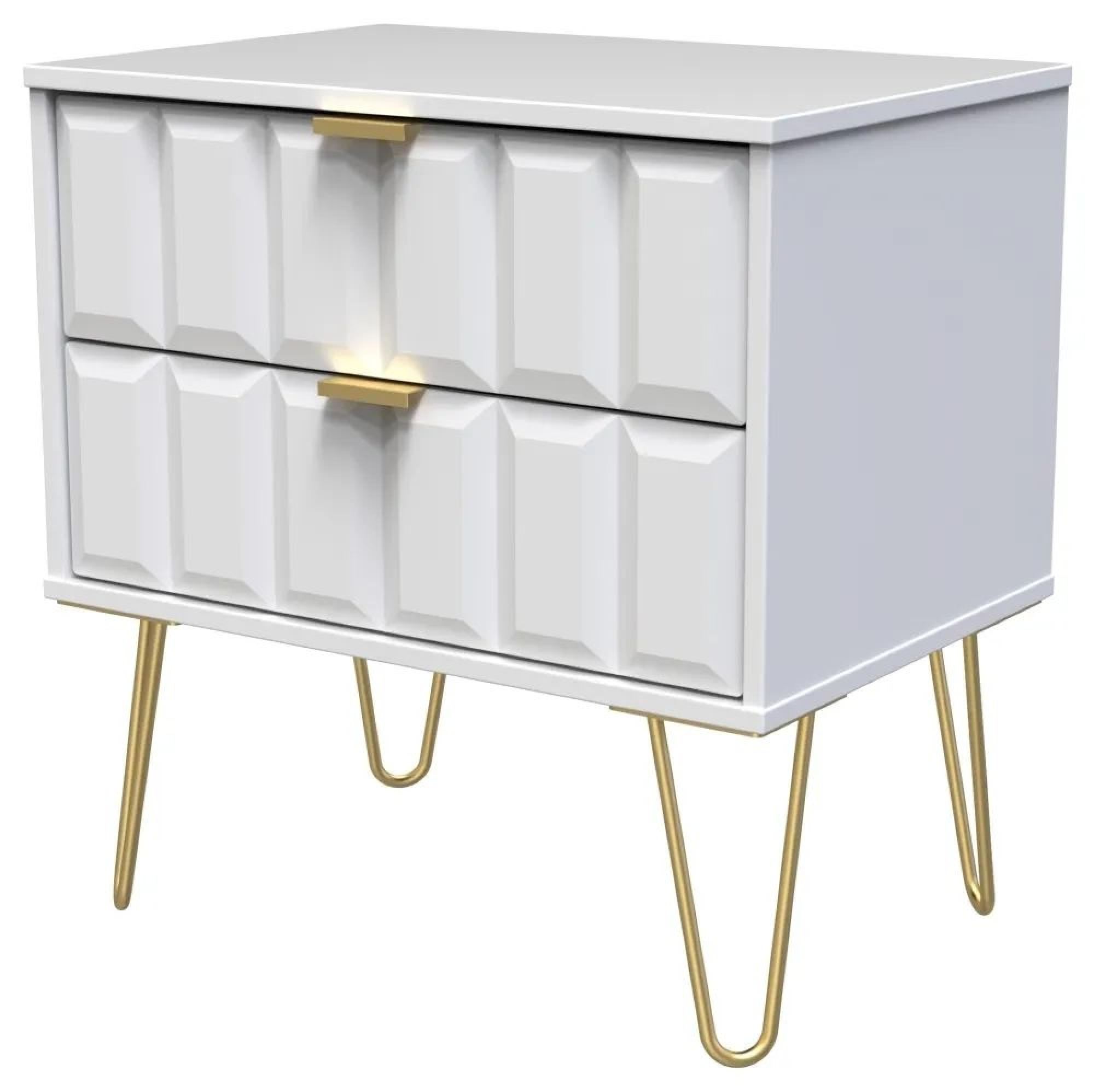 Cube Bedside Cabinet - 2 Drawer - Wide - with Gold Hairpin Legs - White